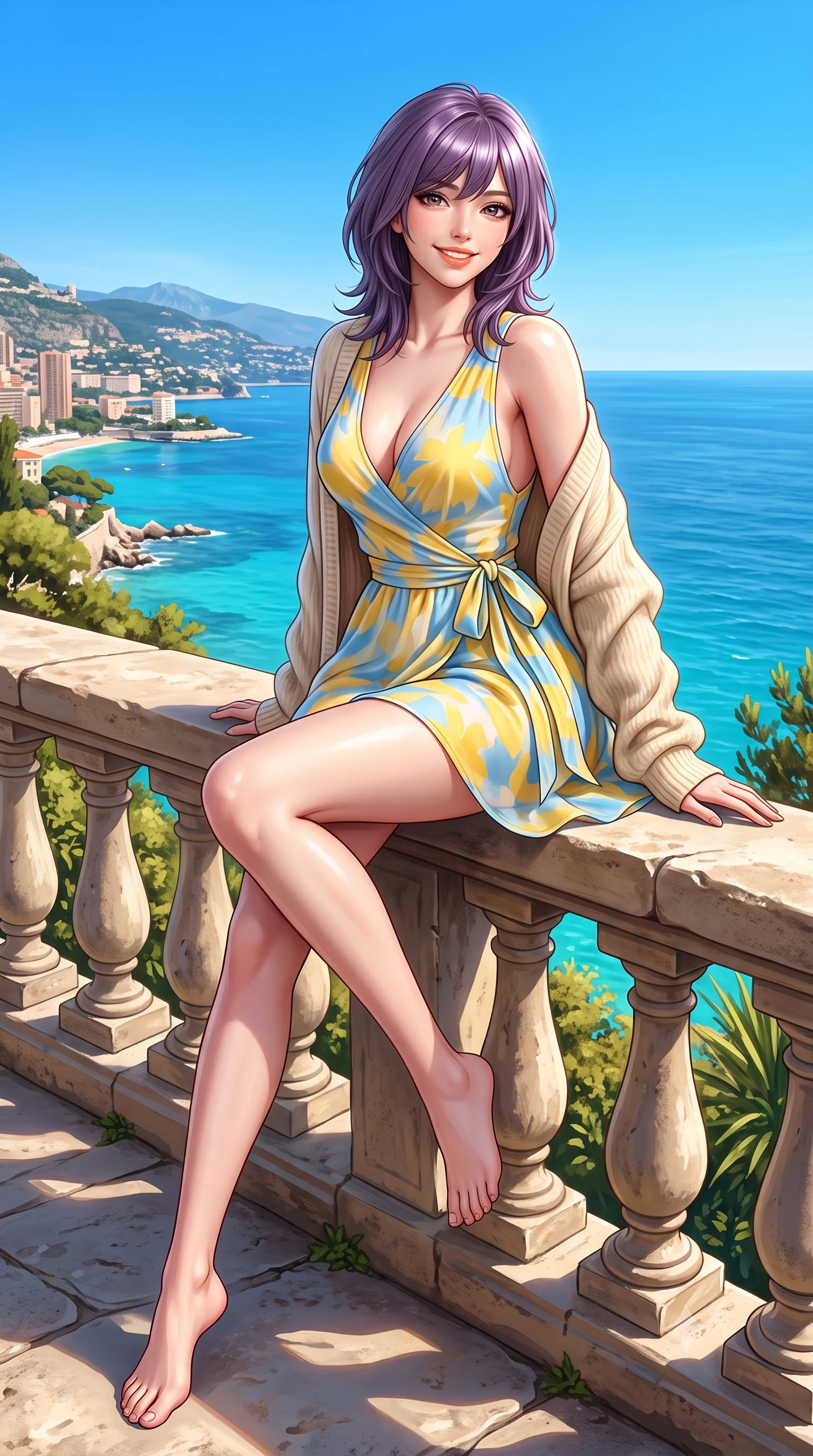 score_9, masterpiece, best quality, ultra-detailed, high-budget anime keyframe, semi-realistic 3D game render, editorial fashion photography, tasteful artistic composition, Japanese woman. low angle full-body shot from head to toe showing her feet, filling the entire 9:16 vertical frame with her statuesque presence, stretching her vertical silhouette. sitting perched on the elevated edge with legs crossed and hips angled toward the camera, displaying her toned midriff and long slender limbs with a joyful, coquettish smile while leaning back against the rustic limestone terrace railing with hips cocked back, looking over her shoulder with an alluring, luxurious bedroom-gaze. The surrounding environment is rendered in vivid detail and crisp panoramic clarity. detailed resort couture fabric sheen, sea mist specular highlights on skin, and Monaco coastline in high resolution. She has an exceptionally tall and slender model-like 8.5-heads proportion, an ultra-slim waist, a flat toned midriff, narrow delicate ribcage, and beautifully sculpted feminine hips creating a graceful, slim hourglass silhouette without any bulky heaviness, with impossibly long slender legs. sharp v-shaped jawline, high-bridge nose, intricate jewel-like sparkling eyes with depth, thick eyelashes, glossy parted lips with a natural peach sheen, bright cheerful beaming smile with an enchanting and coquettish sensual glint, exuding both youthful cute charm and seductive allure, flawlessly proportioned anatomical accuracy, strict slender model proportions, natural body alignment, perfectly sculpted long slender limbs, ultra-slim waistline, clean dynamic posture without body distortion. wearing a breezy wrap mini dress with a deep V-neckline and tie-waist accentuating her sculpted flat midriff and hips in sunny daffodil yellow and clear sky blue, woven from layered gossamer organza with weightless flutter, complemented by an oversized soft knit cardigan slipping off one bare shoulder, the liquid-tight tailored fabric clinging flawlessly to her narrow waist and rounded feminine hips, emphasizing every millimeter of her sculpted slim hourglass curves without any bulky heaviness. illuminated by radiant turquoise sea bounce fill sharply carving her razor-sharp jawline, narrow waist, and curvy hips. highly saturated vibrant anime colors, detailed shading with soft gradients, rich glossy textures, high-contrast stereoscopic depth, volumetric dynamic lighting, master piece, 9:16 ratio
