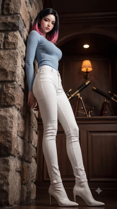score_9, masterpiece, best quality, ultra-detailed, high-budget anime keyframe, editorial fashion photography, tasteful artistic composition, Korean woman. low angle full-body shot from head to toe showing her feet, filling the entire 9:16 vertical f