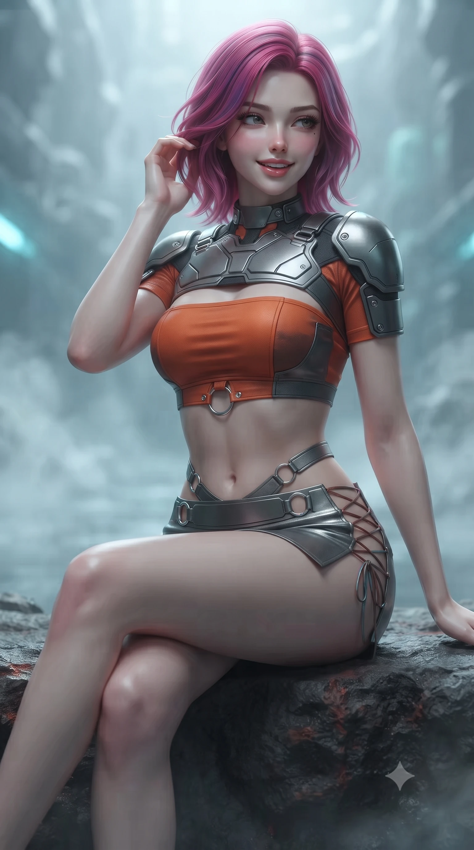 score_9, masterpiece, best quality, ultra-detailed, high-budget anime keyframe, editorial fashion photography, tasteful artistic composition, Caucasian woman. close-up cowboy shot from the waist and thighs up, the character dominates the composition, filling the frame with her large presence. gently brushing a lock of hair behind her ear while casting a playful, flirtatious side-gaze with long eyelashes while sitting gracefully on the heated basalt ledge with legs crossed, flashing an enchanting smile with parted glossy lips. The background shows a soft-focus sub-glacial mineral steam softened in deep-ice submarine launch bay shallow focus. She has an exceptionally elegant, slender, and willowy female figure with an ultra-slim waist, flat toned midriff, narrow ribcage, and sculpted feminine hips creating an alluring, slim hourglass silhouette without bulk. sharp v-shaped jawline, high-bridge nose, intricate jewel-like sparkling eyes with depth, thick eyelashes, glossy parted lips with a natural peach sheen, bright cheerful beaming smile with an enchanting and coquettish sensual glint, exuding both youthful cute charm and seductive allure, flawlessly proportioned anatomical accuracy, strict slender model proportions, natural body alignment, perfectly sculpted long slender limbs, ultra-slim waistline, clean dynamic posture without body distortion. wearing an ultra-cropped tactical tech-wear bandeau top with molded shoulder armor paired with a micro mini skirt revealing her flat toned midriff in volcanic ember orange and brushed gunmetal, adorned with delicate chrome ring hardware and cutouts along her slender waist, featuring fine criss-cross lace-up side ties revealing tantalizing glimpses of her hip curve, the second-skin tailored fabric adhering flawlessly to her sculpted flat midriff and slender torso, emphasizing her long leg lines and perfectly proportioned willowy build. illuminated by moon-pool reflection bounce and sharp aquamarine rim lights defining her jawline, narrow waist, and curvy hips. ultra-reflective glossy finish, specular highlights, rich textural contrasts, high-contrast stereoscopic depth, volumetric dynamic lighting, 2k, ultra detail, master piece, 9:16 ratio