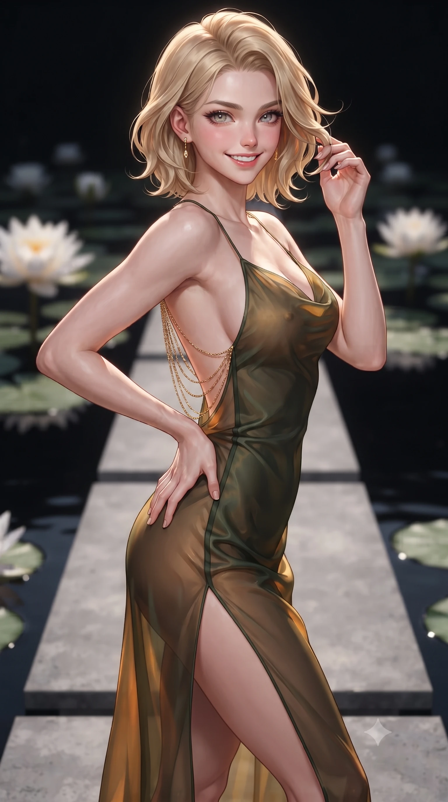 score_9, masterpiece, best quality, ultra-detailed, high-budget anime keyframe, editorial fashion photography, tasteful artistic composition, Caucasian woman. close-up cowboy shot from the waist and thighs up, the character dominates the composition, filling the frame with her large presence. twisting her slender torso in an alluring contrapposto stance, one hand resting on her sculpted hip while her fingers toy with her hair with effortless poise while standing poised on the floating concrete walkway spanning the mirror-still black lily pond, arching her lower back with ultra-refined high-fashion poise. The background shows a soft-focus night-blooming white water lilies softened in avant-garde wine estate shallow focus. She has an exceptionally elegant, slender, and willowy female figure with an ultra-slim waist, flat toned midriff, narrow ribcage, and sculpted feminine hips creating an alluring, slim hourglass silhouette without bulk. sharp v-shaped jawline, high-bridge nose, intricate jewel-like sparkling eyes with depth, thick eyelashes, glossy parted lips with a natural peach sheen, bright cheerful beaming smile with an enchanting and coquettish sensual glint, exuding both youthful cute charm and seductive allure, flawlessly proportioned anatomical accuracy, strict slender model proportions, natural body alignment, perfectly sculpted long slender limbs, ultra-slim waistline, clean dynamic posture without body distortion. wearing a form-contouring gossamer silk chiffon slip dress with a hip-high slit and open cowl back clinging with dewy moisture in Tuscan cypress dark olive and sunset amber gold, crafted from translucent silk organza with an ethereal crystalline sheen, accented with an open-back drape framed by falling strands of delicate gold chains, the high-slit wrap tailoring accentuating her ultra-slim waistline and the enchanting curve of her feminine hips with alluring seductive charm. illuminated by still water specular reflection fill and sharp copper-platinum rim lights sculpting her jawline, narrow waist, and curvy hips. ultra-reflective glossy finish, specular highlights, rich textural contrasts, high-contrast stereoscopic depth, volumetric dynamic lighting, 2k, ultra detail, master piece, 9:16 ratio