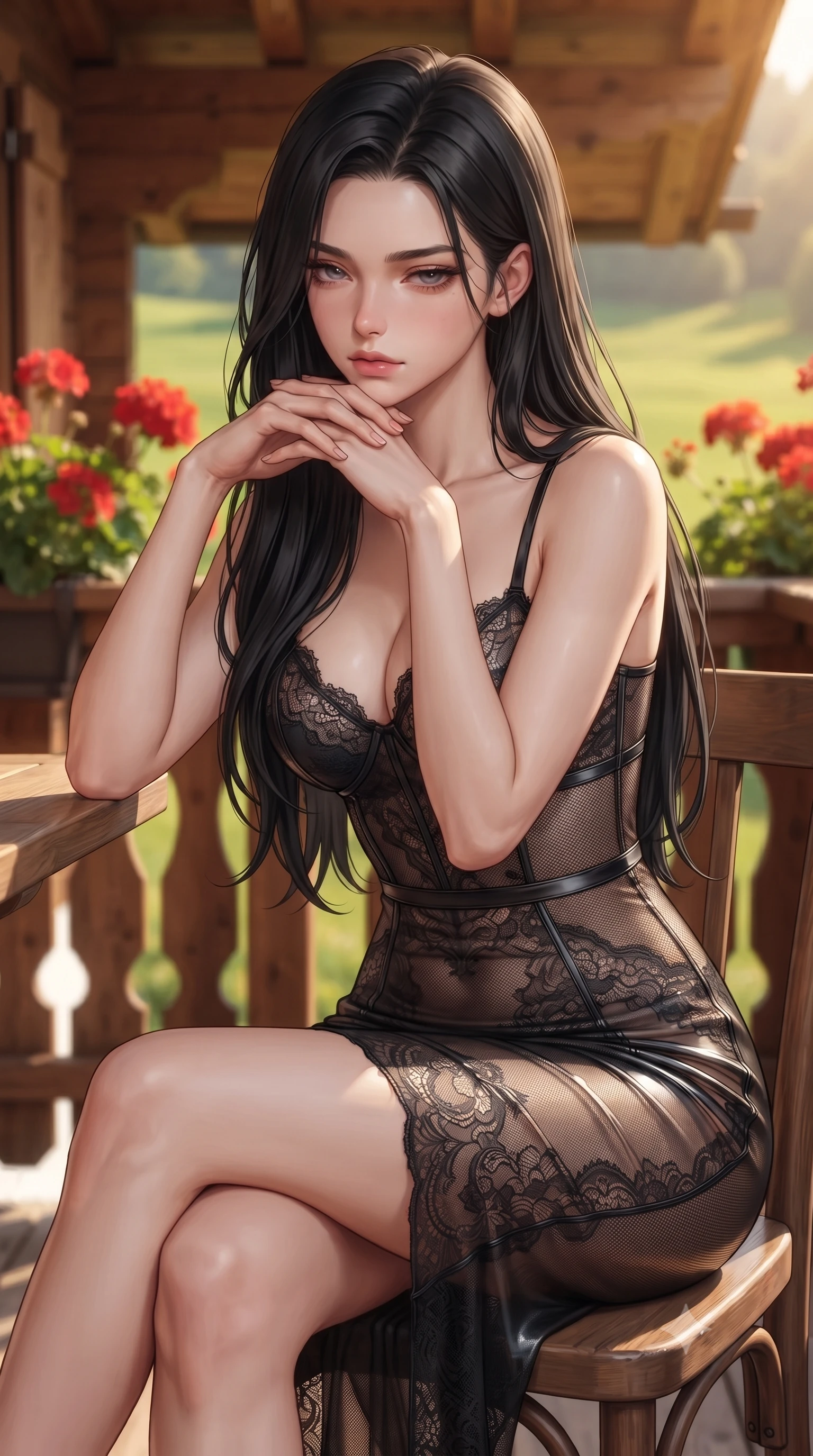 score_9, masterpiece, best quality, ultra-detailed, high-budget anime keyframe, editorial fashion photography, tasteful artistic composition, Korean woman woman. close-up cowboy shot from the waist and thighs up, the character dominates the composition, filling the frame with her large presence, background elements kept in soft focus. resting her chin on the backs of her fingers, casting a heavy-lidded, sultry look past the camera the background shows a soft-focus a wooden balcony of a Swiss chalet decorated with red geraniums, looking at green meadows. She has an exceptionally elegant, slender, and willowy female figure with an ultra-slim waist, a gracefully sculpted slender torso, and a refined silhouette. sharp v-shaped jawline, high-bridge nose, intricate jewel-like eyes with depth, thick eyelashes, glossy lips with a natural sheen. wearing a form-contouring sheer lace slip dress in black, featuring a semi-transparent mesh panels along the waist. warm afternoon sunbeams coloring the wooden beams and flowers in vivid tones. ultra-reflective glossy finish, specular highlights, metallic sheen, high-contrast stereoscopic depth, volumetric dynamic lighting, 2k, ultra detail, master piece, 9:16 ratio