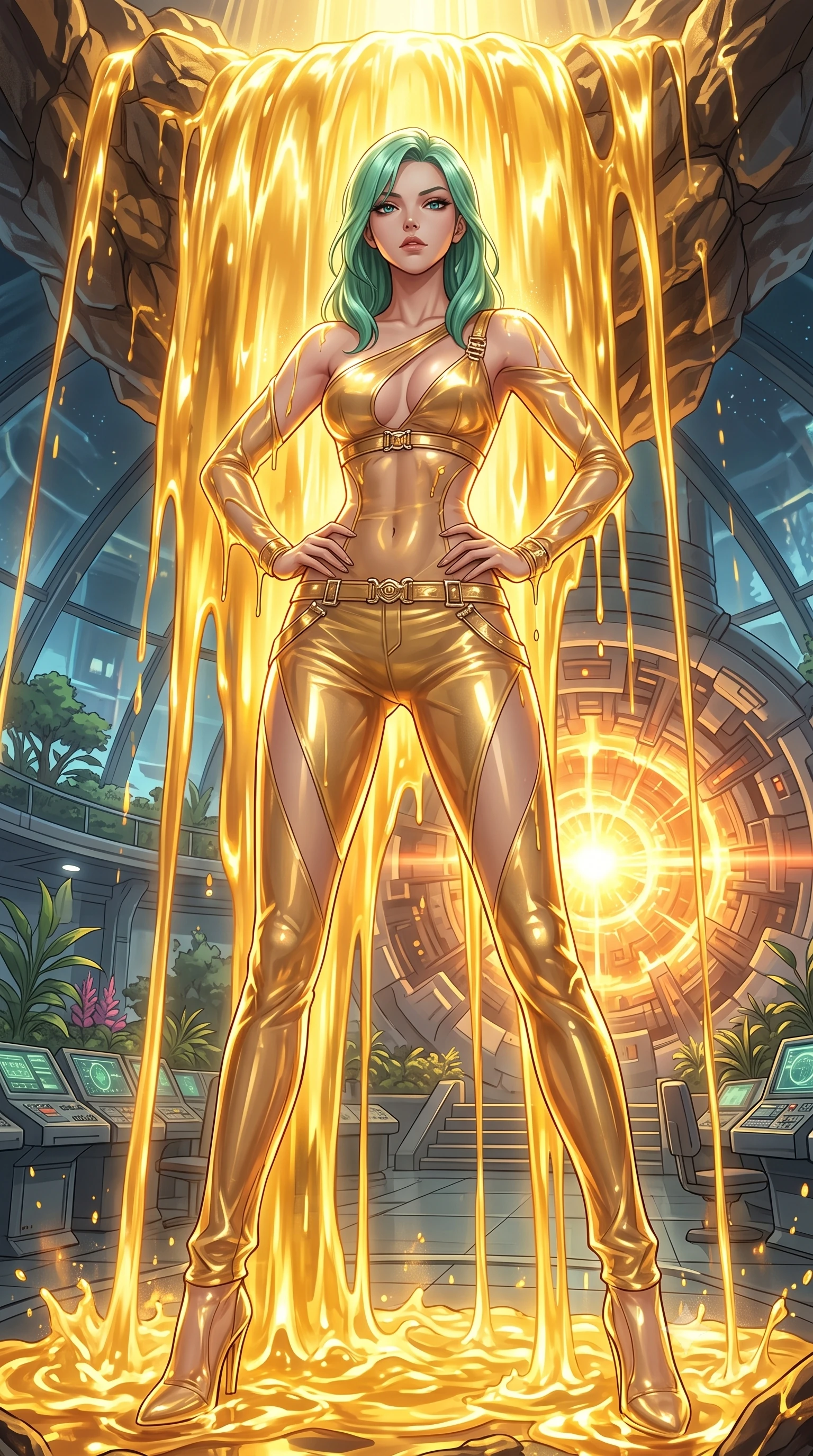 score_9, masterpiece, best quality, ultra-detailed, High-budget Anime Keyframe, East Asian woman. Low angle cowboy shot filling the entire 9:16 frame with her statuesque presence. Scenario 344: standing under a waterfall of liquid gold, the fluid coating her form, in a secret bio-dome containing a giant glowing fusion reactor. Her presence is magnetic and overpowering in this high-budget anime scene. Outfit 344: a body-hugging sheer organza gold with a low-cut shoulder and metallic buckles. The clothing is designed to emphasize her exceptionally tall and slender 8-heads proportion. 8-heads proportion, towering silhouette, ultra-slim waist. sharp v-shaped jawline, intricate jewel-like eyes with depth, thick eyelashes, glossy lips. 2k, ultra detail, master piece, 9:16 ratio