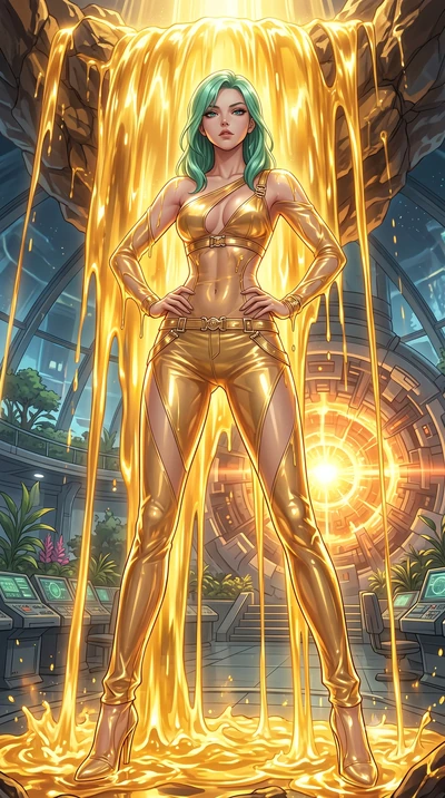 score_9, masterpiece, best quality, ultra-detailed, High-budget Anime Keyframe, East Asian woman. Low angle cowboy shot filling the entire 9:16 frame with her statuesque presence. Scenario 344: standing under a waterfall of liquid gold, the fluid coa