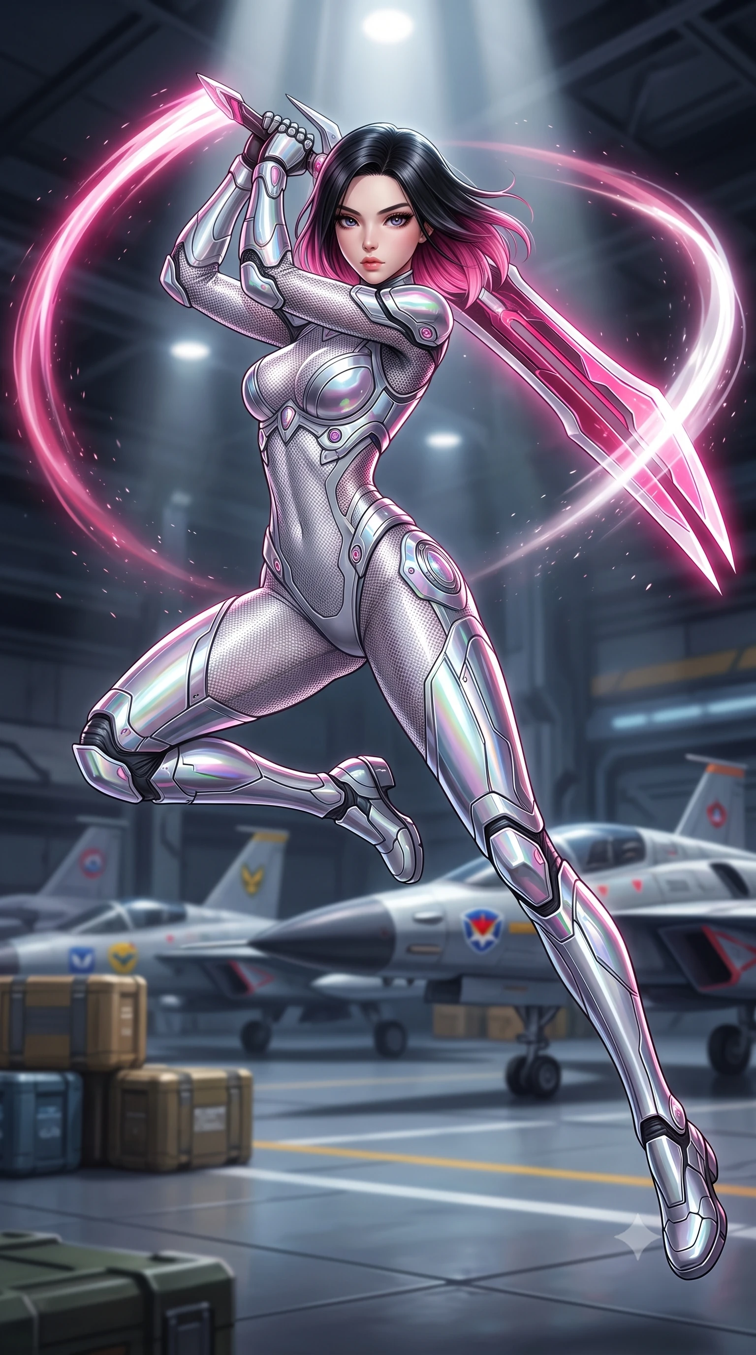 score_9, masterpiece, best quality, ultra-detailed, high-budget anime keyframe, editorial fashion photography, tasteful artistic composition, Korean woman. low angle full-body shot from head to toe showing her feet, filling the entire 9:16 vertical frame with her statuesque presence, stretching her vertical silhouette. leaping forward while slashing with a twin-bladed plasma sword in mid-air, her body-contouring suit showing her athletic silhouette, the background shows a soft-focus a citadel hangar bay with parked fighter spacecrafts and cargo crates. She has an absolutely perfect, statuesque 8.5-heads proportion, an exceptionally tall and slender model-like female figure with impossibly long slender legs and an ultra-slim waist. sharp v-shaped jawline, high-bridge nose, intricate jewel-like eyes with depth, thick eyelashes, glossy lips with a natural sheen. wearing a body-hugging delicate silver nano-mesh bodysuit with strategically placed chrome armor plate guards covering key curves. focused overhead white spotlights highlighting metallic textures on her gear. highly saturated vibrant anime colors, detailed shading with soft gradients, rich glossy textures, high-contrast stereoscopic depth, volumetric dynamic lighting, master piece, 9:16 ratio