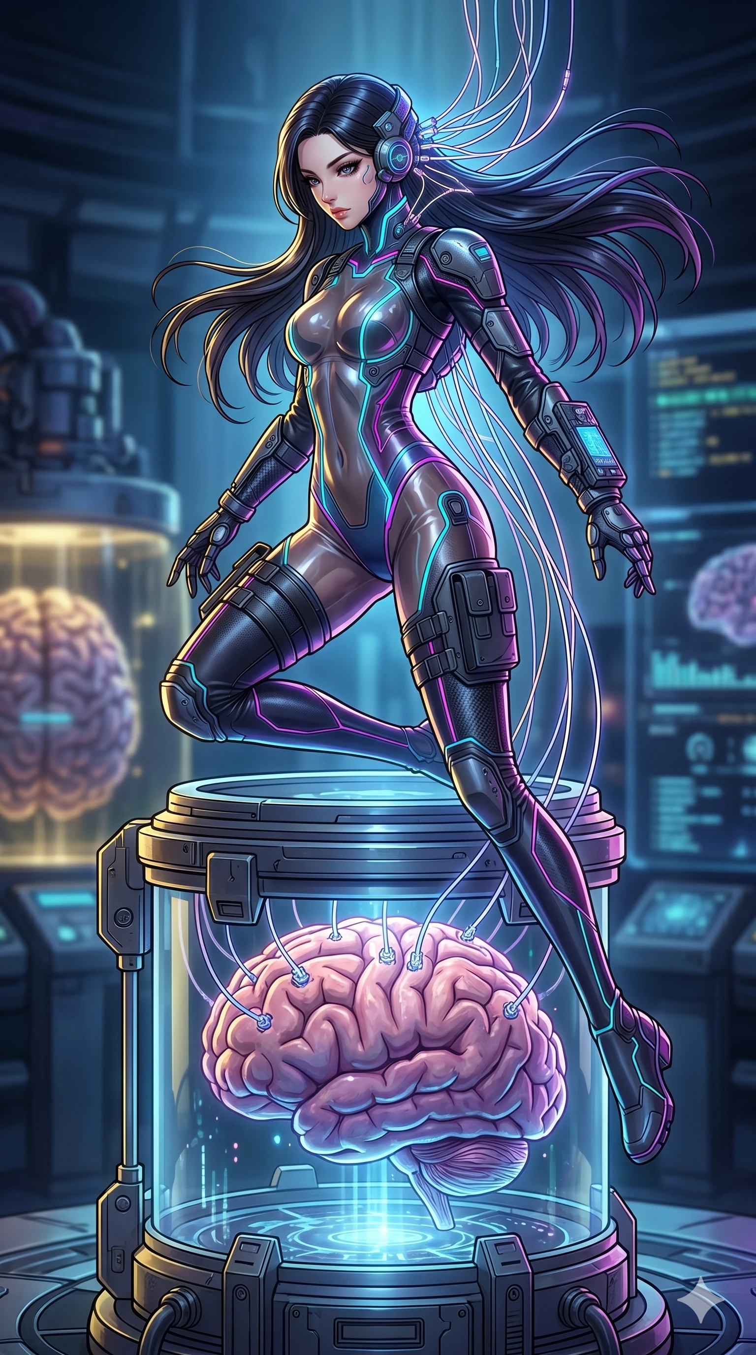 score_9, masterpiece, best quality, ultra-detailed, high-budget anime movie keyframe, cinematic anime lighting, intricate line art, Japanese woman. Mid-air action shot capturing a graceful twist and vertical silhouette. interfacing with a giant brain in a jar using neural connectors. She has an absolutely perfect 8-heads proportion, an exceptionally tall and slender female figure with an ultra-slim waist and impossibly long slender legs. strictly human anatomy, two legs only, no extra limbs, clearly defined legs and arms, perfect anatomy, perfect hands and fingers. sharp v-shaped jawline, high-bridge nose, intricate jewel-like eyes, thick eyelashes, glossy lips. Wearing Tech-Fantasy: Cybernetic tech-suit with glowing seams, translucent PVC over leotard, and modular tactical gear. The scene is illuminated by dramatic atmospheric lighting and vibrant color palettes. , 2k, ultra detail, master piece, 9:16 ratio