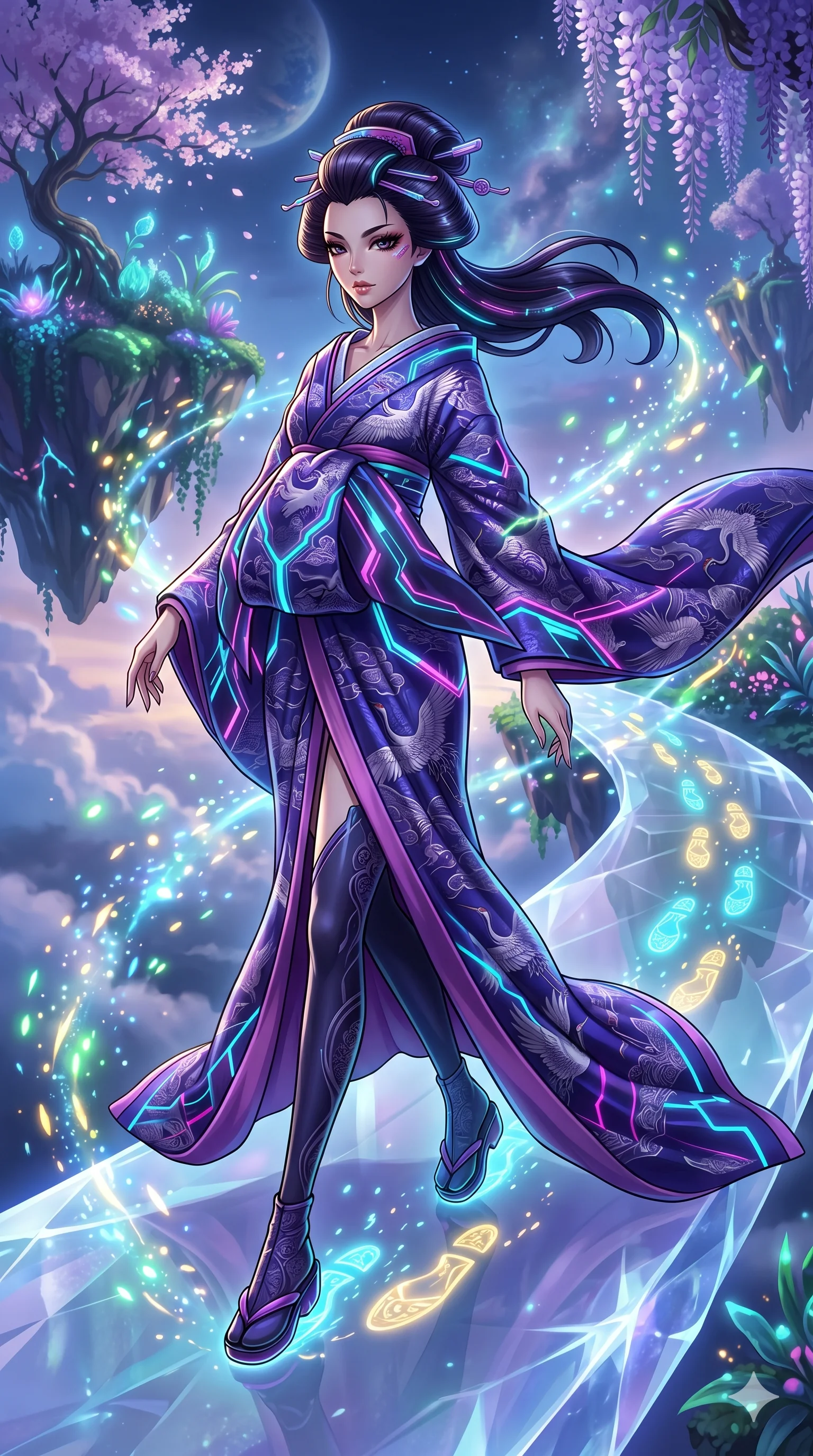 score_9, masterpiece, best quality, ultra-detailed, Set A: High-budget Anime Keyframe, Japanese woman. Upper body close-up from the thighs up, character filling the screen for maximum presence. Sliding through a floating botanical garden, as she leaves a trail of 218 glowing footprints and surrounded by glowing energy sparks. She has an absolutely perfect 8-heads proportion, an exceptionally tall and slender female figure with impossibly long slender legs and an ultra-slim waist. Sharp v-shaped jawline, high-bridge nose, intricate jewel-like eyes with depth, thick eyelashes, glossy lips with a natural sheen. Wearing Ornate traditional silk gown with futuristic glowing patterns and a massive high slit. Cinematic lighting, vibrant colors, dramatic shadows, 2k, ultra detail, master piece, 9:16 ratio