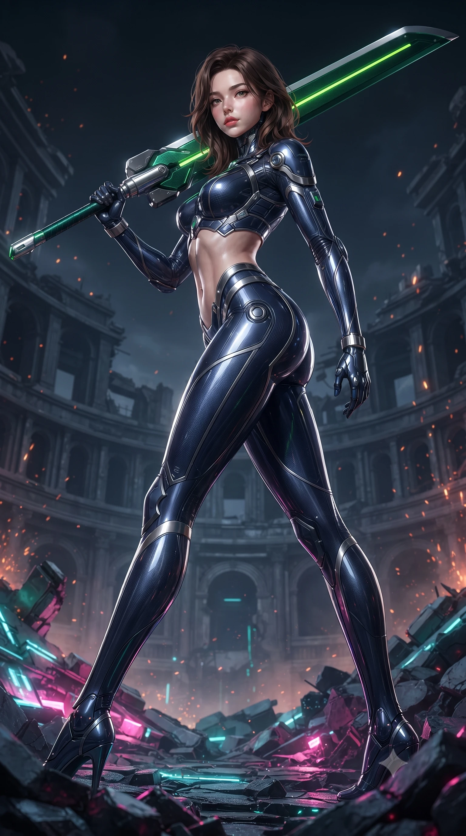 score_9, masterpiece, best quality, ultra-detailed, high-budget anime keyframe, editorial fashion photography, tasteful artistic composition, Korean woman. low angle full-body shot from head to toe showing her feet, filling the entire 9:16 vertical frame with her statuesque presence, stretching her vertical silhouette. pivoting dynamically in mid-motion with a breathtakingly alluring posture, displaying her flawless model proportions, toned flat midriff, and ultra-slim waist while standing victorious on the shattered rubble of a cybernetic colosseum arena with a massive carbon greatsword resting on her shoulder. The surrounding environment is rendered in vivid detail and crisp panoramic clarity. dramatic warrior chiaroscuro and monumental ruined arena architecture rendered in panoramic precision. She has an absolutely perfect, statuesque 8.5-heads proportion, an exceptionally tall and slender model-like female figure with impossibly long slender legs, a toned flat midriff, and an ultra-slim waist. sharp v-shaped jawline, high-bridge nose, intricate jewel-like eyes with depth, thick eyelashes, glossy lips with a natural sheen, flawlessly proportioned anatomical accuracy, strict slender model proportions, natural body alignment, perfectly sculpted long slender limbs, ultra-slim waistline, clean dynamic posture without body distortion. wearing a statuesque midnight cobalt carbon-fiber armor-suit with platinum trim and an ultra-slim waistline, resting a massive sleek high-frequency anti-material greatsword across her shoulder in emerald green carbon composite with glowing lime laser channels, crafted from semi-translucent cybernetic carbon-vinyl interwoven with glowing micro-filaments, detailed with magnetic weapon holsters and polished chrome connection clasps, the form-contouring material adhering flawlessly to her sculpted flat midriff and slender torso, emphasizing her long leg lines and perfectly proportioned willowy build. illuminated by sharp specular highlights tracing her ultra-slim waist, long legs, and flat midriff. ultra-reflective glossy finish, specular highlights, dark metallic sheen, high-contrast stereoscopic depth, volumetric dynamic lighting, 2k, ultra detail, master piece, 9:16 ratio
