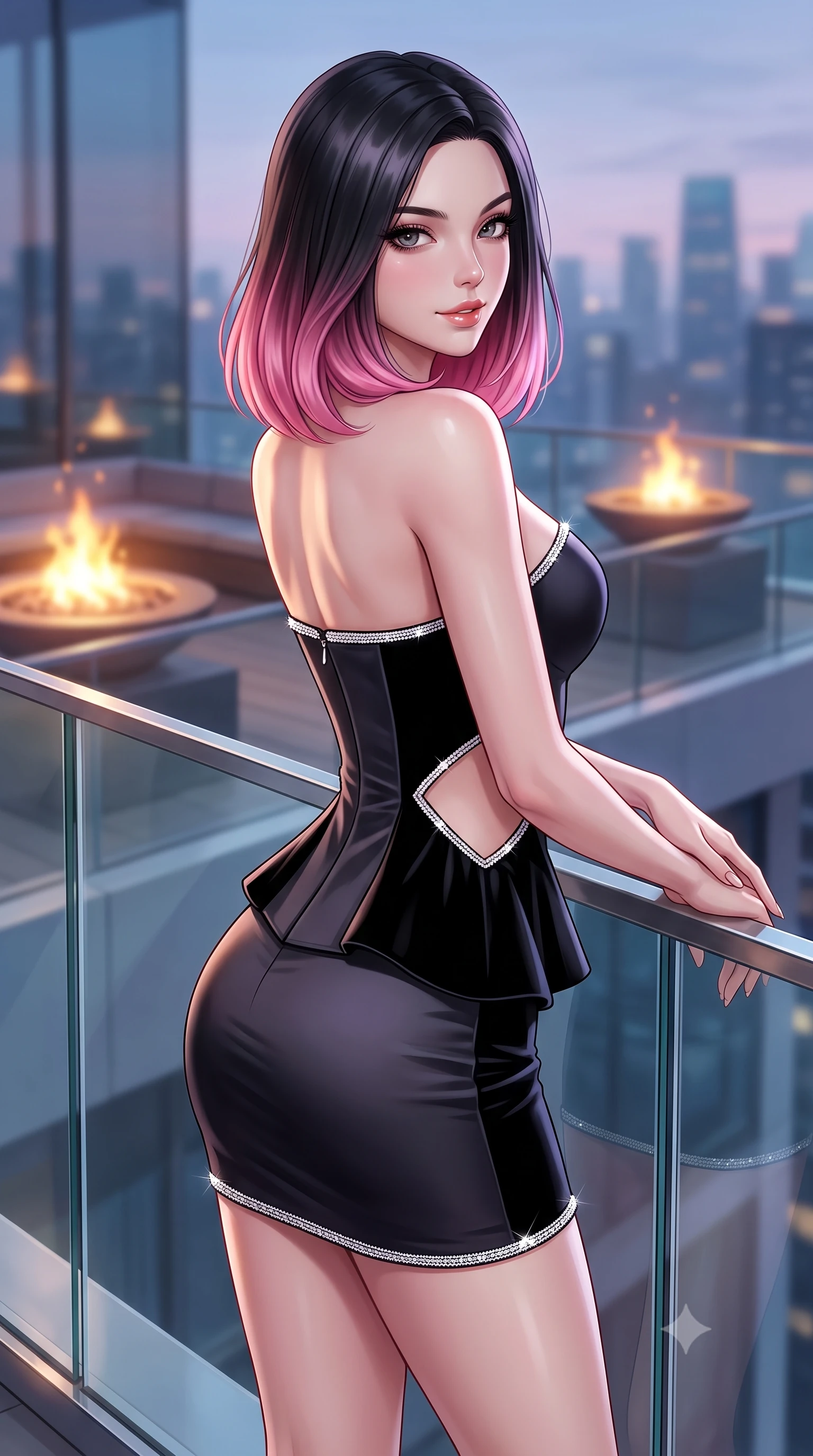 score_9, masterpiece, best quality, ultra-detailed, high-budget anime keyframe, semi-realistic 3D game render, editorial fashion photography, tasteful artistic composition, Korean woman. close-up cowboy shot from the waist and thighs up, the character dominates the composition, filling the frame with her large presence. turning over a bare shoulder with an intoxicating, teasing smile, her soft hair framing her sharp jawline as her hips angle gracefully while resting both hands on the low glass railing with lower back arched, casting an alluring over-the-shoulder bedroom-glance toward the camera. The composition keeps background elements in soft focus with creamy bokeh. glass terrace architecture and glowing fire pits softened in glamorous shallow depth of field. She has an exceptionally elegant, slender, and willowy female figure with an ultra-slim waist, a gracefully sculpted slender torso, toned flat midriff, and rounded feminine hips creating an alluring hourglass silhouette. sharp v-shaped jawline, high-bridge nose, intricate jewel-like eyes with depth, thick eyelashes, glossy parted lips with a natural sheen, intensely captivating and seductive bedroom-eyes expression, flawlessly proportioned anatomical accuracy, strict slender model proportions, natural body alignment, perfectly sculpted long slender limbs, ultra-slim waistline, clean dynamic posture without body distortion. wearing a modern peplum corset dress with side-waist diamond cutouts and an ultra-tight silhouette in high-contrast black velvet and diamond crystal trim, tailored from liquid silk jersey adhering flawlessly to her slender build, finished with delicate crystal embroidery along the neckline and hem, the form-contouring material adhering flawlessly to her sculpted flat midriff and slender torso, emphasizing her long leg lines and perfectly proportioned willowy build. surrounded by a cosmopolitan, elite, and intensely magnetic modern royalty aura. highly saturated vibrant anime colors, detailed shading with soft gradients, rich glossy textures, high-contrast stereoscopic depth, volumetric dynamic lighting, master piece, 9:16 ratio