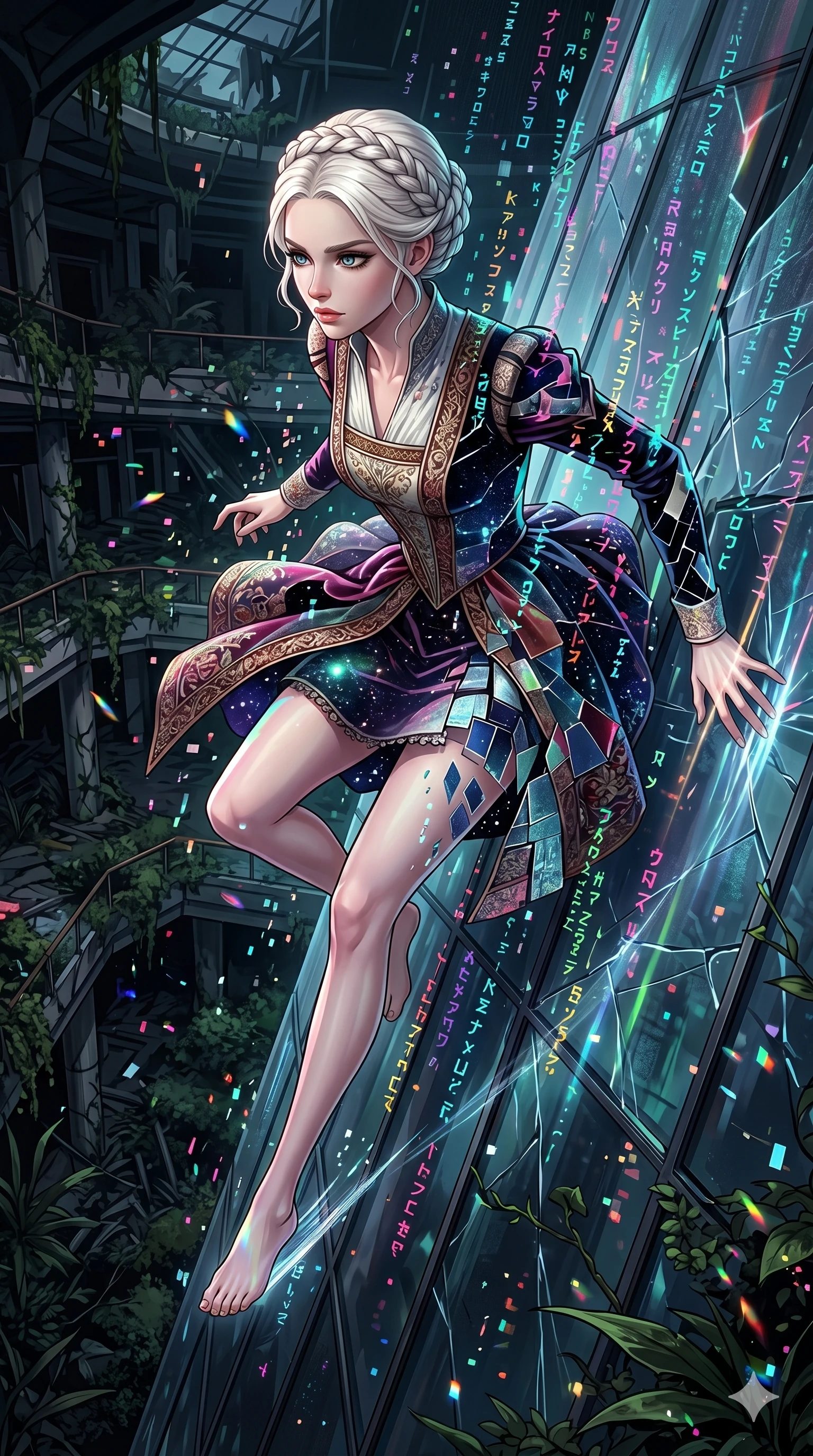 score_9, masterpiece, best quality, ultra-detailed, Set A: High-budget Anime Keyframe, Caucasian (human ears) woman. Upper body close-up from the thighs up, character filling the screen for maximum presence. Theme: Historical Remix. sliding down a glass skyscraper in a ruined overgrown shopping mall, as a digital rain of 237 symbols washes over her. The atmosphere is filled with a blizzard of digital pixels. She has an absolutely perfect 8-heads proportion, an exceptionally tall and slender female figure with impossibly long slender legs and an ultra-slim waist. Sharp v-shaped jawline, high-bridge nose, intricate jewel-like eyes with depth, glossy lips. Wearing Shattered-dimension dress where parts of the fabric seem to phase in and out. Cinematic lighting, vivid colors, dramatic shadows, 2k, ultra detail, master piece, 9:16 ratio