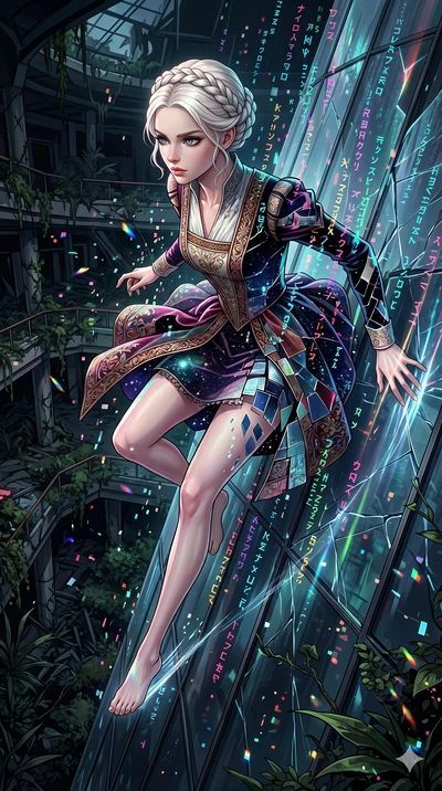 score_9, masterpiece, best quality, ultra-detailed, Set A: High-budget Anime Keyframe, Caucasian (human ears) woman. Upper body close-up from the thighs up, character filling the screen for maximum presence. Theme: Historical Remix. sliding down a gl