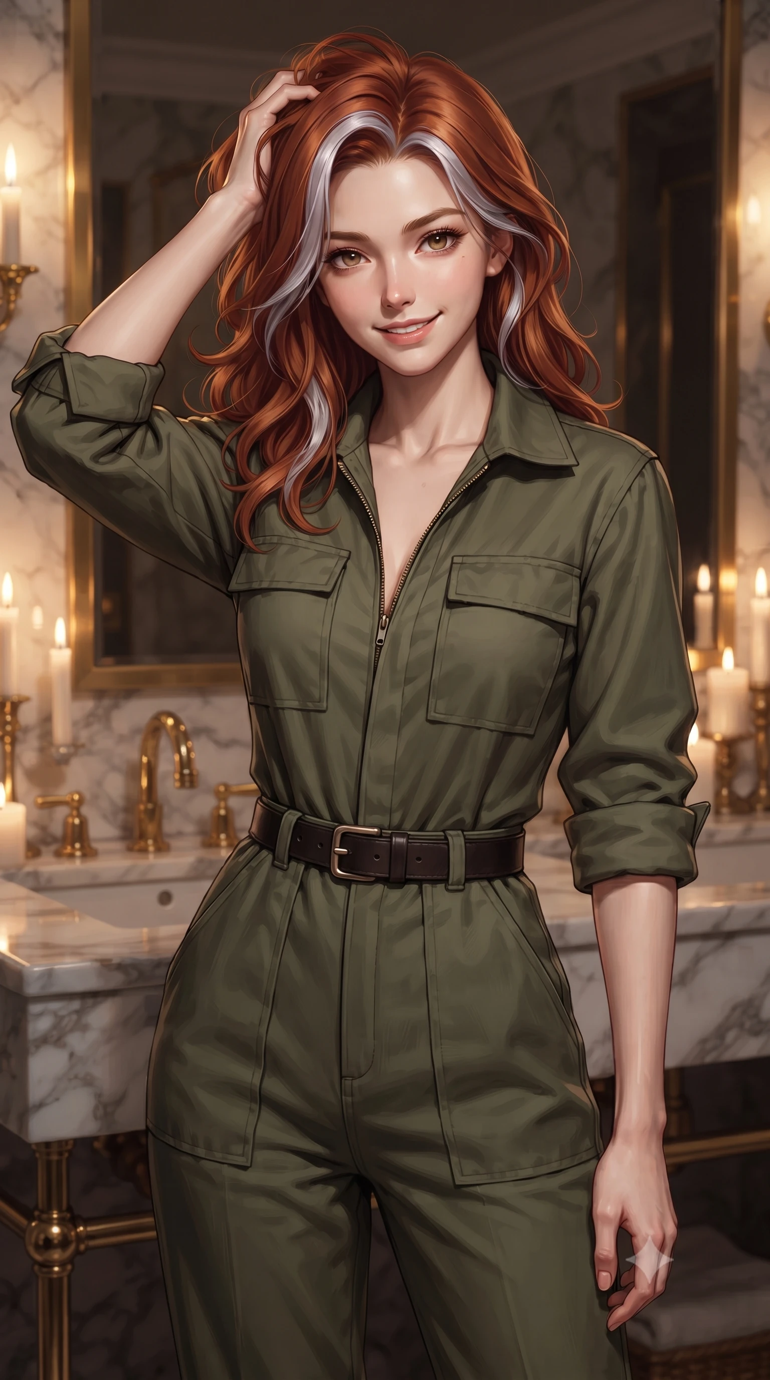 score_9, masterpiece, best quality, ultra-detailed, high-budget anime keyframe, editorial fashion photography, tasteful artistic composition, Caucasian woman. close-up cowboy shot from the waist and thighs up, the character dominates the composition, filling the frame with her large presence, background elements kept in soft focus. smiling with quiet, magnetic self-assurance directly into the camera, running a hand through her hair the background shows a soft-focus a high-end sleeper room with a marble bath vanity and gold plumbing fixtures. She has an exceptionally elegant, slender, and willowy female figure with an ultra-slim waist, a gracefully sculpted slender torso, and a refined silhouette. sharp v-shaped jawline, high-bridge nose, intricate jewel-like eyes with depth, thick eyelashes, glossy lips with a natural sheen. wearing a slim-fit comfortable olive green cotton utility jumpsuit with a structured collar and rolled-up sleeves. soft candlelight reflecting off the marble and gold surfaces. ultra-reflective glossy finish, specular highlights, metallic sheen, high-contrast stereoscopic depth, volumetric dynamic lighting, 2k, ultra detail, master piece, 9:16 ratio