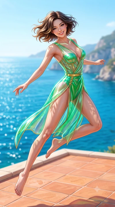 score_9, masterpiece, best quality, ultra-detailed, high-budget anime keyframe, semi-realistic 3D game render, editorial fashion photography, tasteful artistic composition, Korean woman. low angle full-body shot from head to toe showing her feet, fil