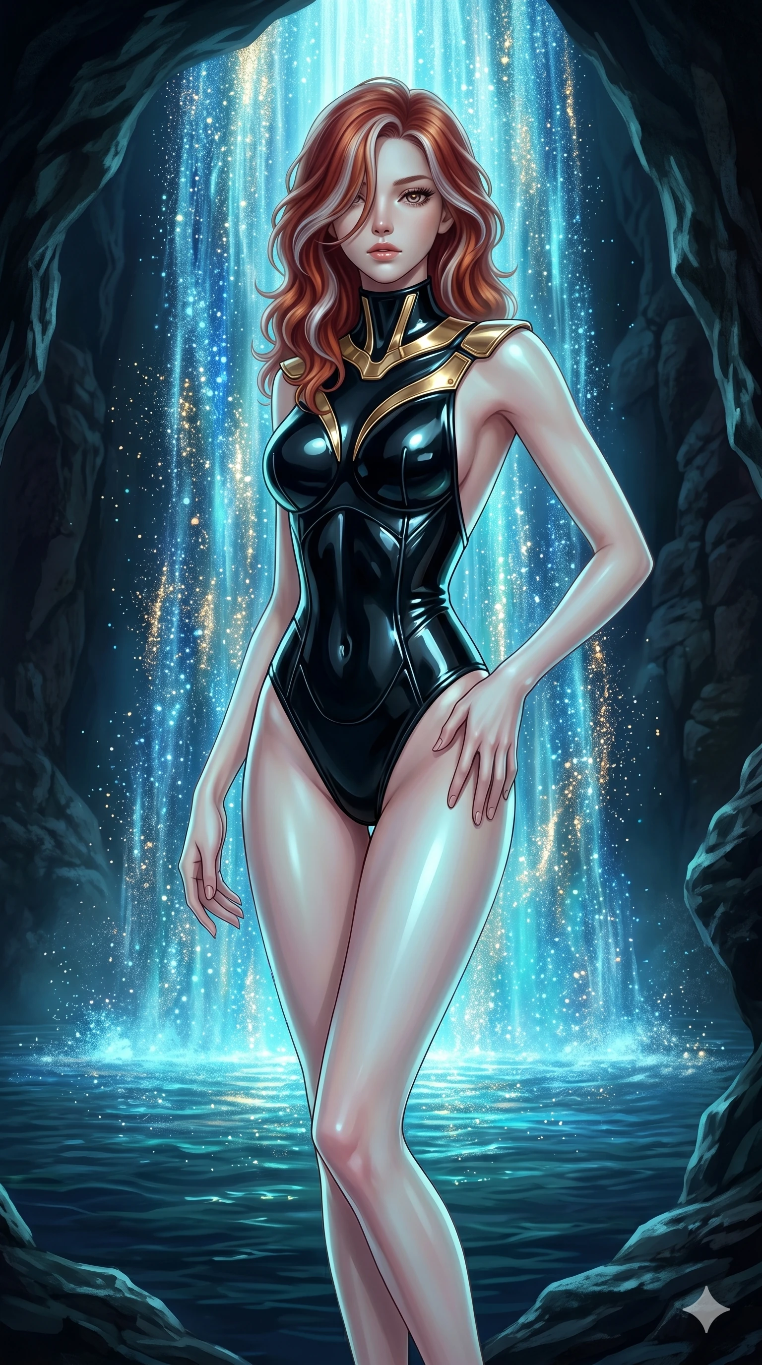 score_9, masterpiece, best quality, ultra-detailed, high-budget anime keyframe, editorial fashion photography, tasteful artistic composition, Caucasian woman, strictly human ears. cowboy shot from the thighs up, character and outfit filling the frame for maximum editorial presence. Looking directly at the camera through a strand of hair, her gaze mysterious and focused inside a magical cave where a waterfall of liquid stardust flows into a deep pool. She has an absolutely perfect 8-heads proportion, an exceptionally tall and slender female figure with impossibly long slender legs and an ultra-slim waist. V-shaped jawline, high-bridge nose, intricate jewel-like eyes with depth, thick eyelashes, glossy lips with a natural sheen. wearing an architectural black latex bodysuit with gold-plated collarbone accents and a backless design. illuminated by soft aqua bioluminescent light that makes her skin glow luminously against the dark. 2k, ultra detail, master piece, 9:16 ratio