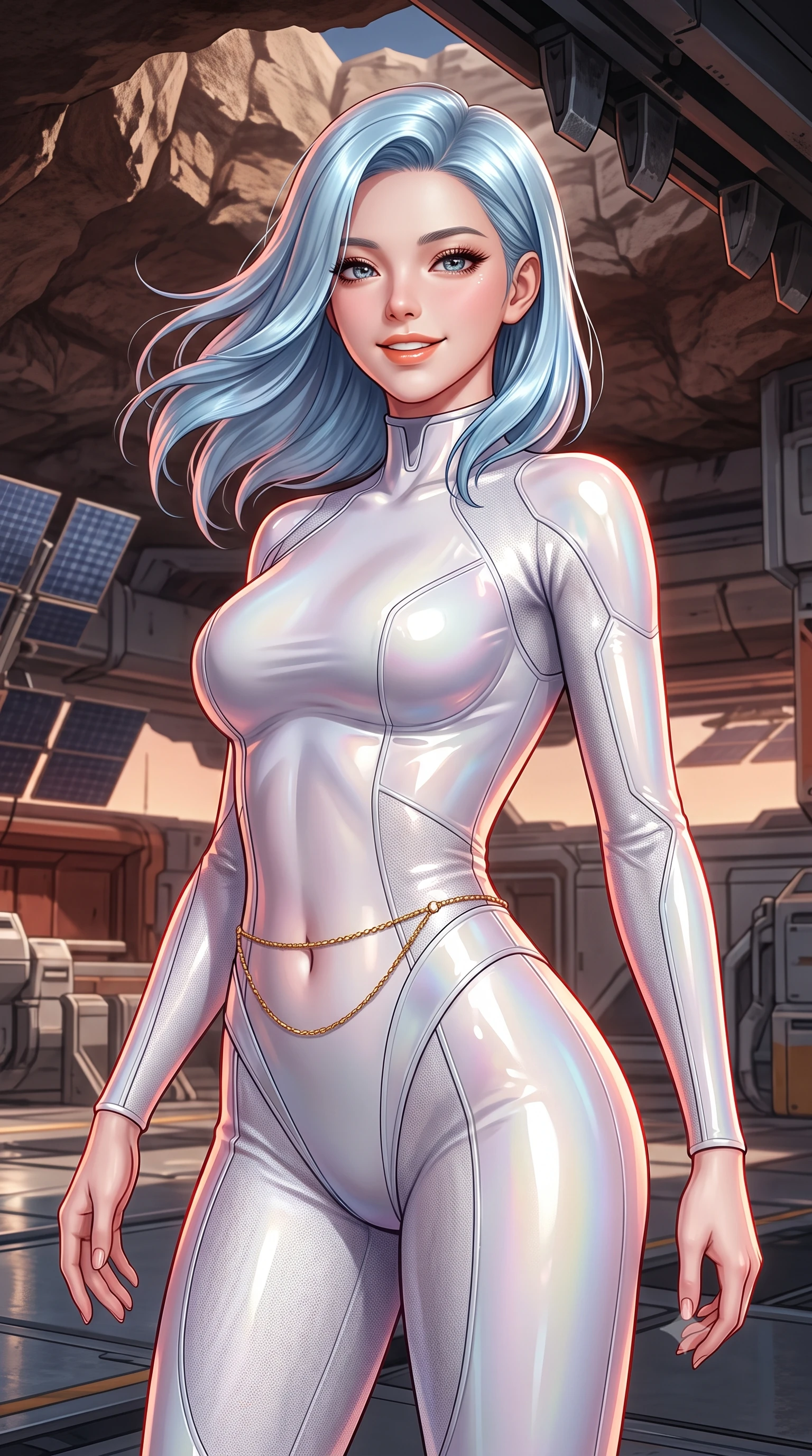 score_9, masterpiece, best quality, ultra-detailed, high-budget anime keyframe, semi-realistic 3D game render, editorial fashion photography, tasteful artistic composition, Korean woman. close-up cowboy shot from the waist and thighs up, the character dominates the composition, filling the frame with her large presence. turning slowly with an enchanting smoldering smile, her glossy hair tossing in the breeze as her hips angle gracefully in a captivating contrapposto while twisting her slender torso in an alluring S-curve, rust-red Marslight and silver starlight casting dynamic highlights across her flat midriff and hips. The surrounding environment is rendered in vivid detail and crisp panoramic clarity: sharp crater rock ceiling textures, heavy hydraulic hangar door teeth, and crisp solar array shadows in deep focus. She has an exceptionally elegant, slender, and willowy female figure with an ultra-slim waist, flat toned midriff, narrow ribcage, and sculpted feminine hips creating an alluring, slim hourglass silhouette without bulk. sharp v-shaped jawline, high-bridge nose, intricate jewel-like sparkling eyes with depth, thick eyelashes, glossy parted lips with a natural peach sheen, bright cheerful beaming smile with an enchanting and coquettish sensual glint, exuding both youthful cute charm and seductive allure, flawlessly proportioned anatomical accuracy, strict slender model proportions, natural body alignment, perfectly sculpted long slender limbs, ultra-slim waistline, clean dynamic posture without body distortion. wearing a sleek second-skin cyber-pilot bodysuit with high-gloss patent leather panels accentuating her ultra-slim waistline in holographic prismatic pearl and aerospace white, tailored from high-density tech-wool with subtle metallic thread weave, accented with a dainty gold belly chain resting across her flat midriff and curving hips, the liquid-tight tailored fabric clinging flawlessly to her narrow waist and rounded feminine hips, emphasizing every millimeter of her sculpted slim hourglass curves without any bulky heaviness. illuminated by titanium floor reflection bounce and sharp Mars-red rim lights defining her jawline, narrow waist, and curvy hips. highly saturated vibrant anime colors, detailed shading with soft gradients, rich glossy textures, high-contrast stereoscopic depth, volumetric dynamic lighting, master piece, 9:16 ratio