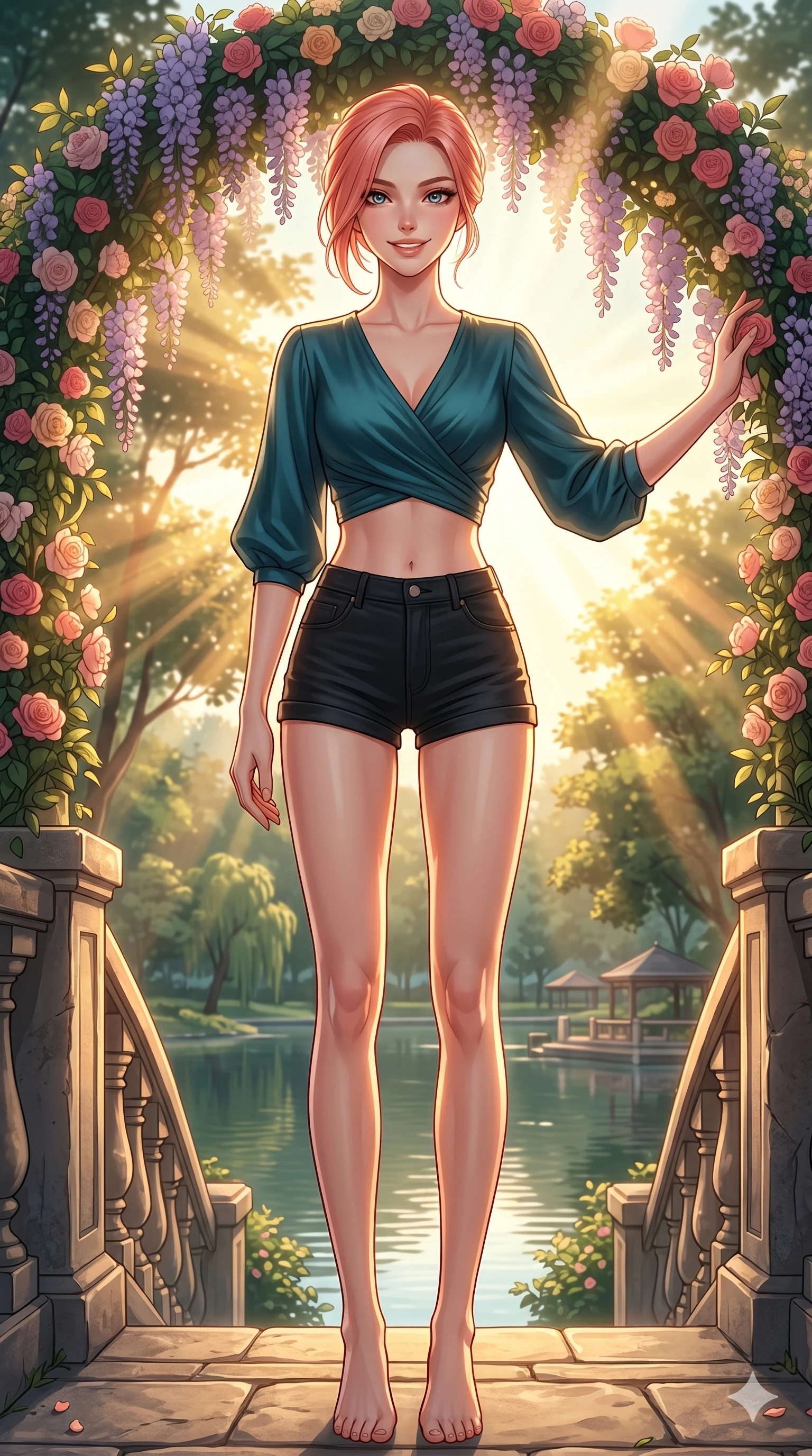 score_9, masterpiece, best quality, ultra-detailed, high-budget anime keyframe, vibrant anime aesthetic, Japanese woman. cowboy shot from the thighs up, character and outfit filling the frame for maximum presence. She is posing with a radiant, confident smile, resting one hand on a flower arch on a stone bridge in a resort park (Code-P20-118). She has an absolutely perfect 8-heads proportion, an exceptionally tall and slender female figure with impossibly long slender legs and an ultra-slim waist. V-shaped jawline, high-bridge nose, intricate jewel-like eyes with depth, thick eyelashes, glossy lips with a natural sheen. wearing a wrap top exposing bare midriff and micro-shorts in the sun. She is dramatic volumetric lighting from the rising sun, accentuating her statuesque silhouette. 2k, ultra detail, master piece, 9:16 ratio