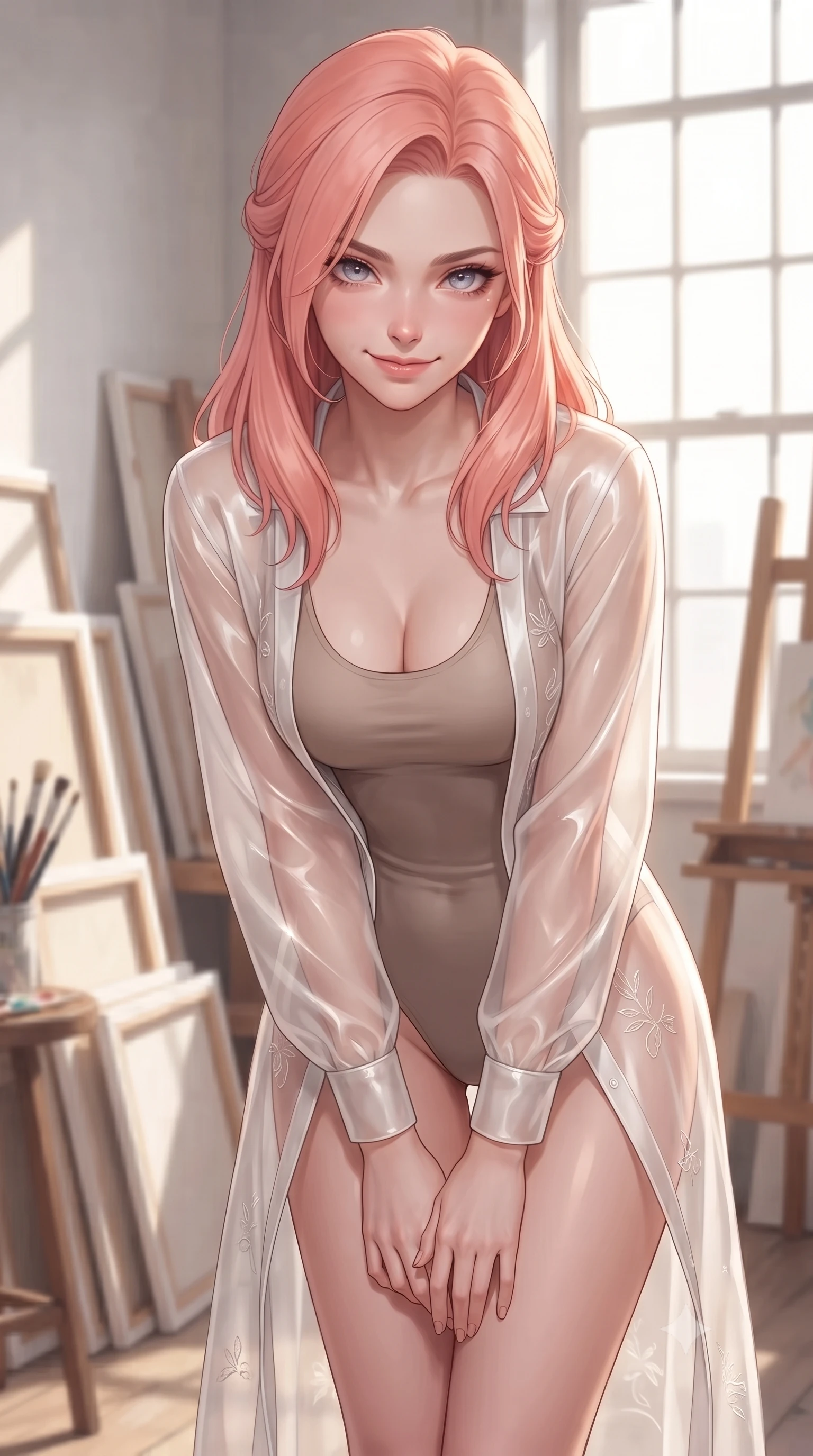 score_9, masterpiece, best quality, ultra-detailed, high-budget anime keyframe, editorial fashion photography, tasteful artistic composition, Japanese woman woman. close-up cowboy shot from the waist and thighs up, the character dominates the composition, filling the frame with her large presence, background elements kept in soft focus. leaning slightly forward with a playful, teasing smile, her gaze locked onto the viewer the background shows a soft-focus an artist's loft studio filled with canvases, paint brushes, and easel near a large window. She has an exceptionally elegant, slender, and willowy female figure with an ultra-slim waist, a gracefully sculpted slender torso, and a refined silhouette. sharp v-shaped jawline, high-bridge nose, intricate jewel-like eyes with depth, thick eyelashes, glossy lips with a natural sheen. wearing a body-hugging semi-transparent white organza resort cover-up worn over a form-fitting one-piece swimsuit. crisp North daylight casting soft, consistent lighting over the workspace. ultra-reflective glossy finish, specular highlights, metallic sheen, high-contrast stereoscopic depth, volumetric dynamic lighting, 2k, ultra detail, master piece, 9:16 ratio