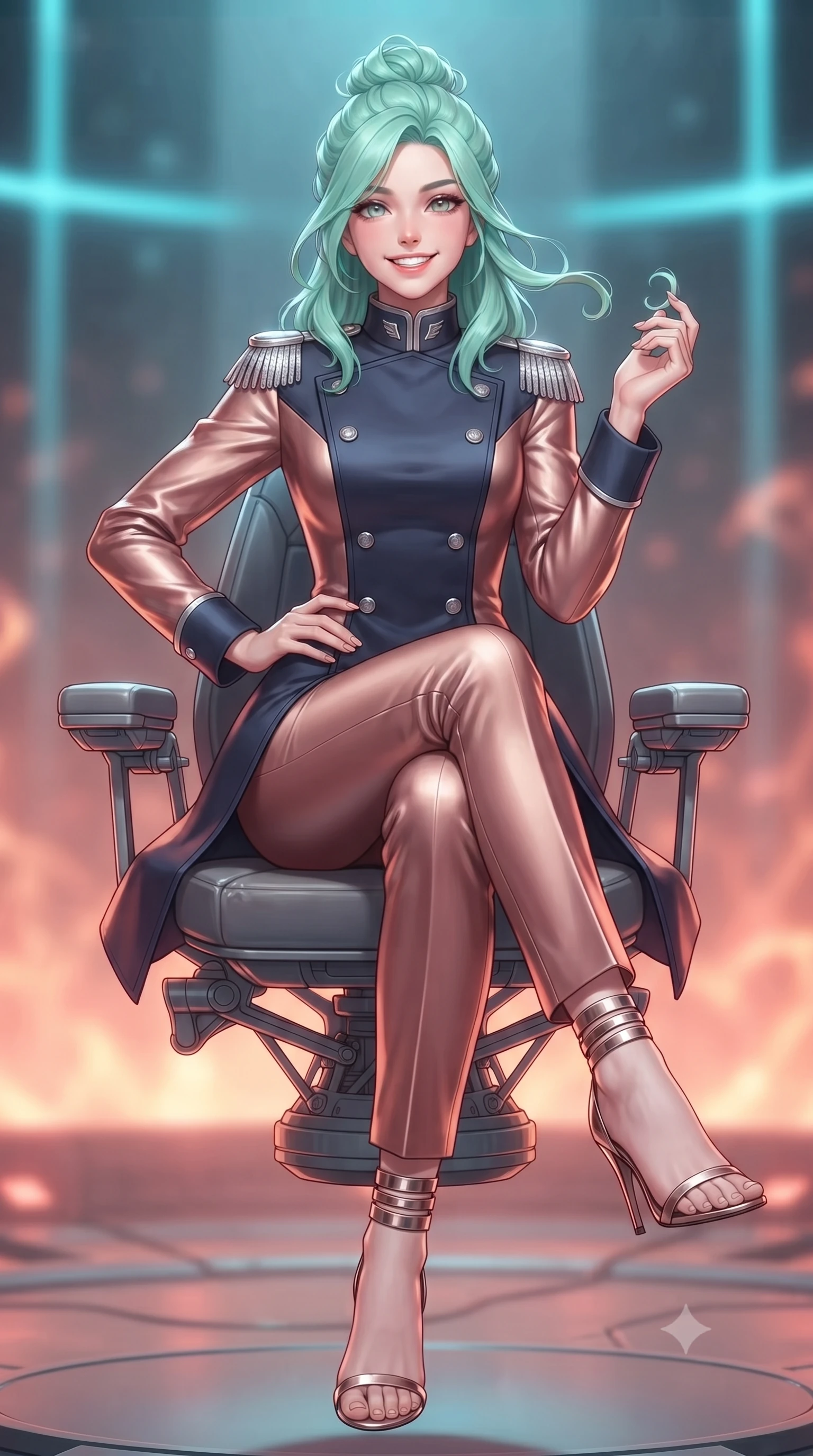 score_9, masterpiece, best quality, ultra-detailed, high-budget anime keyframe, editorial fashion photography, tasteful artistic composition, Japanese woman. close-up cowboy shot from the waist and thighs up, the character dominates the composition, filling the frame with her large presence. twisting her slender torso in an alluring contrapposto stance, one hand resting on her sculpted hip while her fingers toy with her hair with effortless poise while sitting gracefully on the floating antigravity operator chair with legs crossed, her statuesque 8.5-heads silhouette commanding the geothermal abyss. The background shows a soft-focus plasma heat shimmer softened in geothermal core containment sanctuary shallow focus. She has an exceptionally elegant, slender, and willowy female figure with an ultra-slim waist, flat toned midriff, narrow ribcage, and sculpted feminine hips creating an alluring, slim hourglass silhouette without bulk. sharp v-shaped jawline, high-bridge nose, intricate jewel-like sparkling eyes with depth, thick eyelashes, glossy parted lips with a natural peach sheen, bright cheerful beaming smile with an enchanting and coquettish sensual glint, exuding both youthful cute charm and seductive allure, flawlessly proportioned anatomical accuracy, strict slender model proportions, natural body alignment, perfectly sculpted long slender limbs, ultra-slim waistline, clean dynamic posture without body distortion. wearing a tailored orbital navy officer dress uniform featuring a structured double-breasted coat with silver epaulets, high mandarin collar, and matching pressed slacks in high-gloss rose-gold and burnished copper, crafted from bespoke double-faced cashmere with an exceptionally soft tactile finish, complemented by strappy stiletto sandals with metallic ankle wraps accentuating her slender calves, the bespoke structured tailoring following the natural line of her 8.5-heads silhouette with refined elegance. bathed in the dual illumination of searing 2200K subterranean magma radiance and cold 480nm cyan magnetic containment lasers. ultra-reflective glossy finish, specular highlights, rich textural contrasts, high-contrast stereoscopic depth, volumetric dynamic lighting, 2k, ultra detail, master piece, 9:16 ratio
