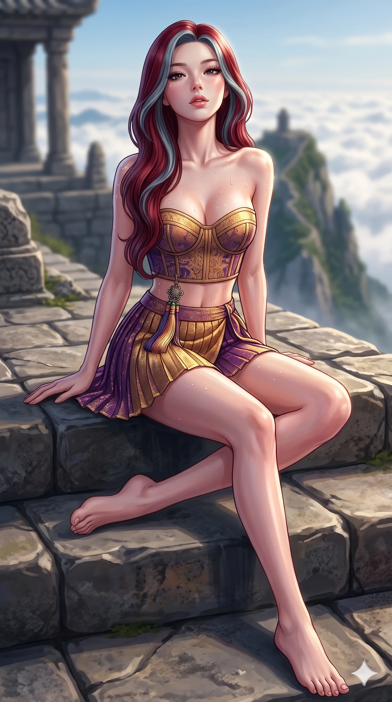 score_9, masterpiece, best quality, ultra-detailed, high-budget anime keyframe, semi-realistic 3D game render, editorial fashion photography, tasteful artistic composition, Caucasian woman. low angle full-body shot from head to toe showing her feet, filling the entire 9:16 vertical frame with her statuesque presence, stretching her vertical silhouette. sitting poised on the stone steps with one knee bent, arching her spine with supermodel elegance as she glances upward through thick eyelashes while walking slowly along the narrow rock ridge with feline poise, hips swaying in an alluring sensual rhythm that accentuates her curvy silhouette. The background shows a soft-focus mountain summit sanctuary softened in high-altitude landscape shallow focus. She has an absolutely perfect, statuesque 8.5-heads proportion, an exceptionally tall and slender model-like female figure with impossibly long slender legs, an ultra-slim waist, a flat toned midriff, narrow delicate ribcage, and beautifully sculpted feminine hips creating a graceful, slim hourglass silhouette without any bulky heaviness. sharp v-shaped jawline, high-bridge nose, sparkling eyes with hypnotic seductive depth, thick curled eyelashes, glossy parted lips with a natural dewy peach sheen, alluring bedroom-eyes with an enchanting coquettish smile, exuding magnetic siren charisma and sophisticated glamour, flawlessly proportioned anatomical accuracy, strict slender model proportions, natural body alignment, perfectly sculpted long slender limbs, ultra-slim waistline, clean dynamic posture without body distortion. wearing a modern boned hanbok bustier top with norigae tassel paired with an ultra-short micro-pleated silk wrap mini skirt in imperial gold and royal plum purple, woven from metallic lurex thread casting radiant starlight glints across her silhouette, finished with glistening drops of night dew beading across her sculpted shoulders and flat midriff, the liquid-tight tailored fabric clinging flawlessly to her narrow waist and rounded feminine hips, emphasizing every millimeter of her sculpted slim hourglass curves without any bulky heaviness. illuminated by cloud sea upward bounce and sharp silver-topaz rim lights defining her razor-sharp jawline, narrow waist, and curvy hips. highly saturated vibrant anime colors, detailed shading with soft gradients, rich glossy textures, high-contrast stereoscopic depth, volumetric dynamic lighting, master piece, 9:16 ratio