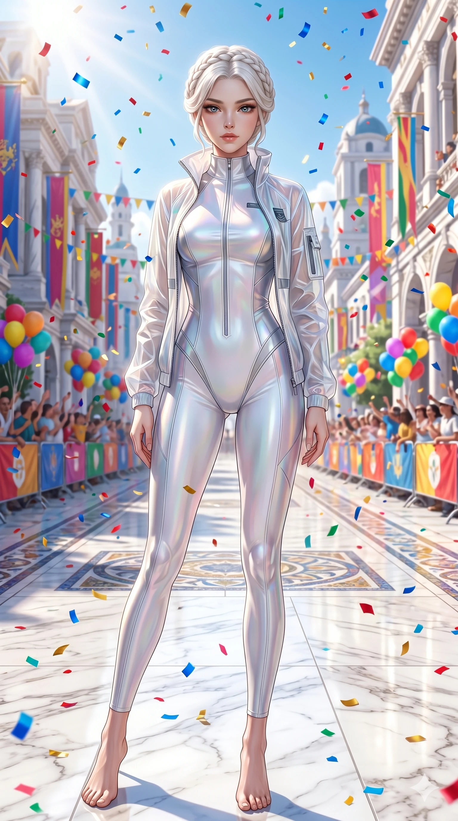 score_9, masterpiece, best quality, ultra-detailed, Set A: Photorealistic 8k CG, Japanese woman. Low angle cowboy shot filling the entire 9:16 frame with her statuesque presence. Standing in a rain of colorful confetti on a grand parade in a white marble city. She has an absolutely perfect 8-heads proportion, an exceptionally tall and slender female figure with elegant long slender legs and an slender waist. Sharp v-shaped jawline, high-bridge nose, intricate jewel-like eyes with depth, thick eyelashes, glossy lips. Wearing a Premium Athleisure outfit: sleek high-performance activewear with a sheer windbreaker. Background is a bright and colorful city street with vibrant decorations, balloons, and bright sunlight. 2k, ultra detail, master piece, 9:16 ratio