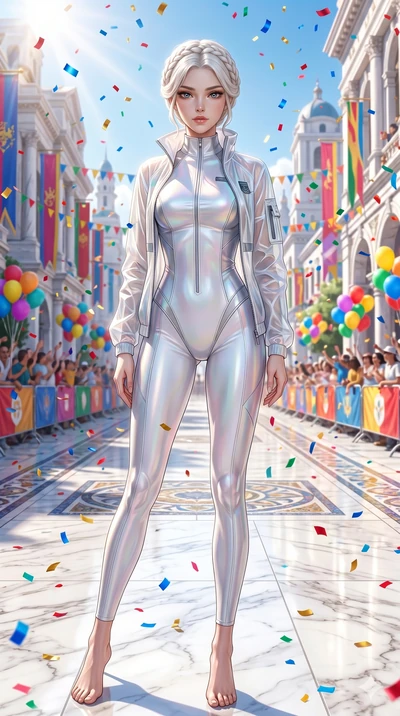 score_9, masterpiece, best quality, ultra-detailed, Set A: Photorealistic 8k CG, Japanese woman. Low angle cowboy shot filling the entire 9:16 frame with her statuesque presence. Standing in a rain of colorful confetti on a grand parade in a white ma