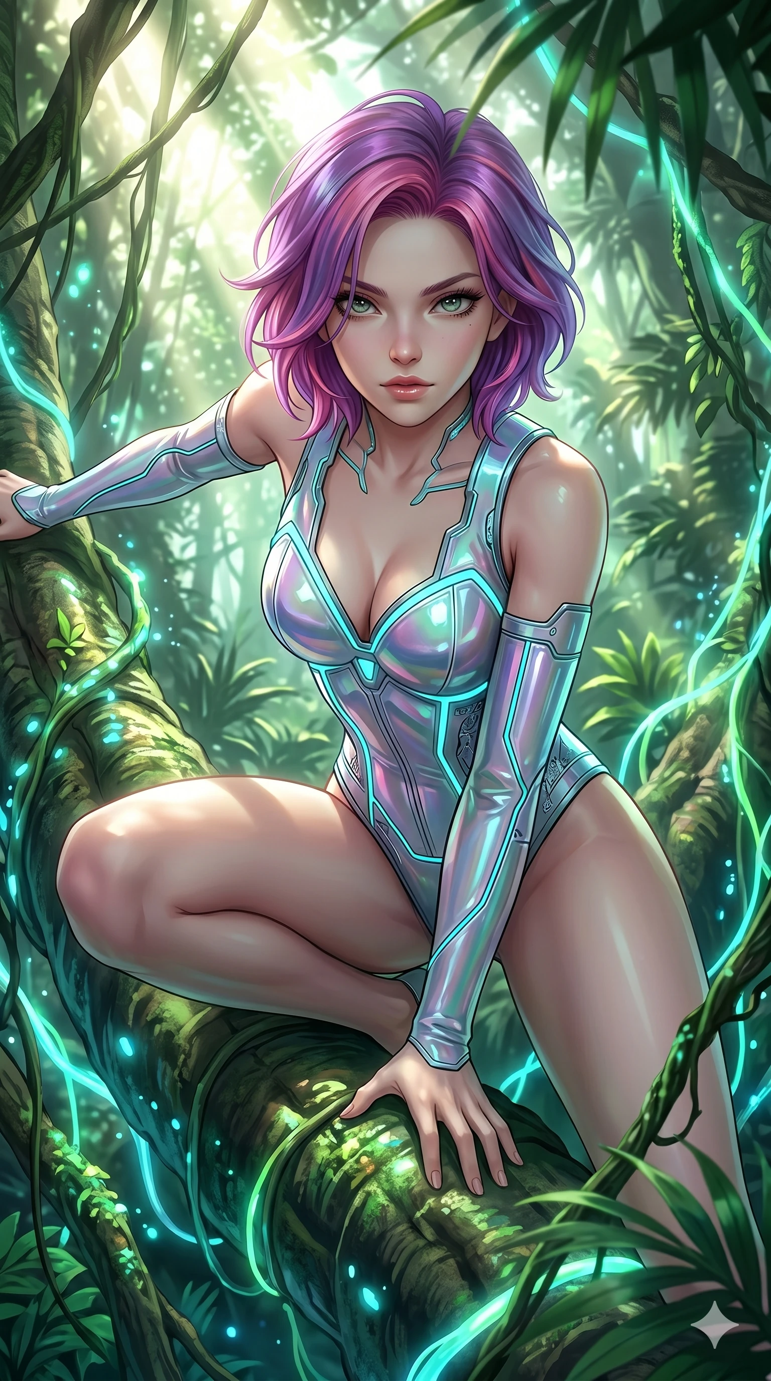 score_9, masterpiece, best quality, ultra-detailed, high-budget anime keyframe, semi-realistic 3D game render, Caucasian woman, strictly human ears. Upper body close-up from the thighs up, character filling the screen for maximum presence. She is crouching dynamically on a massive bioluminescent jungle root, wrapped in glowing vines. She leans close to the camera, looking through the foliage with a piercing, animalistic gaze. She has an absolutely perfect 8-heads proportion, a tall and elegant figure with a refined silhouette and a defined waistline. V-shaped jawline, high-bridge nose, intricate jewel-like eyes with depth, thick eyelashes, glossy lips with a natural sheen. She is wearing a structured cybernetic bodice in glossy vinyl panels, paired with detached sleeves and a refined V-neckline detailed with glowing piping. The scene is bathed in bright sunbeams filtering through a dense canopy and glowing cyan ambient forest light. 2k, ultra detail, master piece, 9:16 ratio