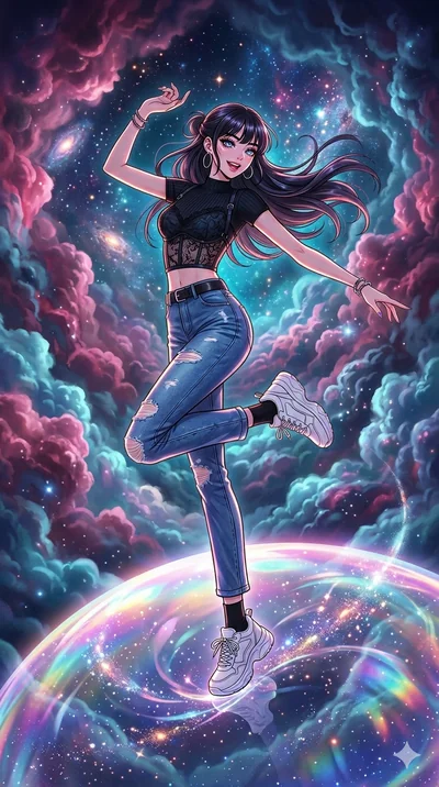 score_9, masterpiece, best quality, ultra-detailed, high-budget anime movie keyframe, cinematic anime lighting, intricate line art, Korean anime girl. Dynamic full-body shot stretching the vertical silhouette with extreme perspective. dancing on the 