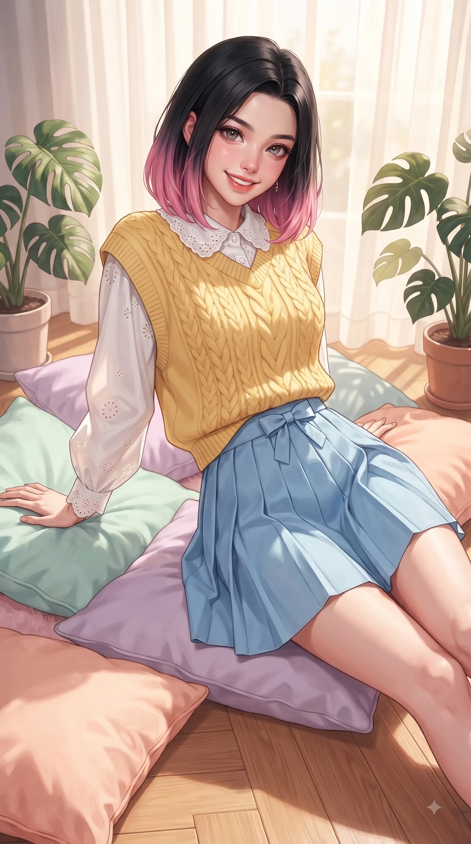 score_9, masterpiece, best quality, ultra-detailed, high-budget anime keyframe, editorial fashion photography, tasteful artistic composition, Korean woman. close-up cowboy shot from the waist and thighs up, the character dominates the composition, filling the frame with her large presence. Gazing directly into the camera with a fresh, infectious smile as her torso curves dynamically in mid-stride while resting playfully on fluffy pastel cushions while looking directly at the camera with a radiant smile. The surrounding environment is rendered in vivid detail and crisp panoramic clarity. intricate cushion fabrics, potted Monstera leaves, and warm sunlit hardwood floors in deep focus. She has an exceptionally elegant, slender, and willowy female figure with an ultra-slim waist, a gracefully sculpted slender torso, and a refined silhouette. sharp v-shaped jawline, high-bridge nose, intricate jewel-like eyes with depth, thick eyelashes, glossy lips with a natural sheen, flawlessly proportioned anatomical accuracy, natural body alignment, perfectly sculpted elegant limbs, clean dynamic posture without body distortion. wearing a vintage oversized knit sweater vest layered over a crisp white long-sleeve blouse and pleated skirt in sunny daffodil yellow and clear sky blue, woven with delicate eyelet lace and soft cotton, accented with a dainty waist ribbon bow, the breezy lightweight fabric fluttering softly against her delicate frame. bathed in soft, warm morning sunlight streaming through sheer curtains. ultra-reflective glossy finish, specular highlights, metallic sheen, high-contrast stereoscopic depth, volumetric dynamic lighting, 2k, ultra detail, master piece, 9:16 ratio