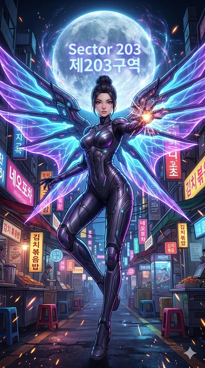 score_9, masterpiece, best quality, ultra-detailed, Set A: High-budget Anime Keyframe, Korean woman. Low angle cowboy shot filling the entire 9:16 frame with her statuesque presence. Casting a spell through a neon-lit Neo-Seoul market, with a massive