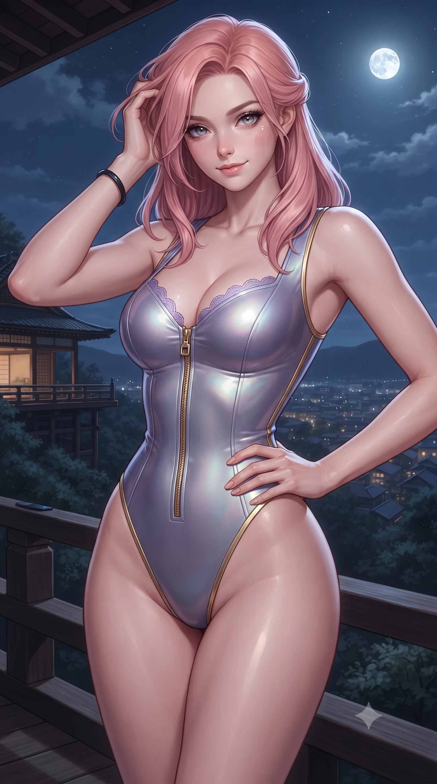 score_9, masterpiece, best quality, ultra-detailed, high-budget anime keyframe, editorial fashion photography, tasteful artistic composition, Japanese woman. close-up cowboy shot from the waist and thighs up, the character dominates the composition, filling the frame with her large presence. twisting her slender torso in an alluring contrapposto stance, one hand resting on her sculpted hip while her fingers toy with her hair with effortless poise while standing poised on the cantilevered dark cedar deck high over Kyoto valley, arching her spine with breathtaking supermodel elegance against the moonlit skyline. The surrounding environment is rendered in vivid detail and crisp panoramic clarity: detailed plunging cowl-neck liquid silk gown drape, obsidian wrist bangle gleam, and Japanese hillside villa design in high resolution. She has an exceptionally elegant, slender, and willowy female figure with an ultra-slim waist, flat toned midriff, narrow ribcage, and sculpted feminine hips creating an alluring, slim hourglass silhouette without bulk. sharp v-shaped jawline, high-bridge nose, sparkling eyes with hypnotic seductive depth, thick curled eyelashes, glossy parted lips with a natural dewy peach sheen, alluring bedroom-eyes with an enchanting coquettish smile, exuding magnetic siren charisma and sophisticated glamour, flawlessly proportioned anatomical accuracy, strict slender model proportions, natural body alignment, perfectly sculpted long slender limbs, ultra-slim waistline, clean dynamic posture without body distortion. wearing a form-contouring wet-look neoprene zip-front maillot with high-cut leg openings and gold racing side trims in dusk lavender and iridescent silver, crafted from wet-look high-gloss vinyl fabric with dazzling specular surface reflections, finished with scalloped eyelash lace trim framing her sweetheart neckline with intimate elegance, the liquid-tight tailored fabric clinging flawlessly to her narrow waist and rounded feminine hips, emphasizing every millimeter of her sculpted slim hourglass curves without any bulky heaviness. bathed in soft low-voltage floor wash lighting combined with distant city glow and silver full moonlight. ultra-reflective glossy finish, specular highlights, rich textural contrasts, high-contrast stereoscopic depth, volumetric dynamic lighting, 2k, ultra detail, master piece, 9:16 ratio