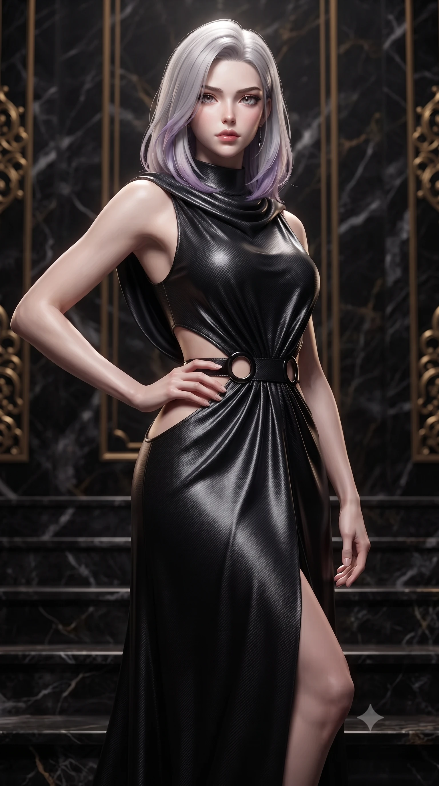 score_9, masterpiece, best quality, ultra-detailed, high-budget anime keyframe, editorial fashion photography, tasteful artistic composition, Caucasian woman. close-up cowboy shot from the waist and thighs up, the character dominates the composition, filling the frame with her large presence, background elements kept in soft focus. Holding a confident power pose with one hand on her hip, ascending dark marble throne dais steps under dramatic theatrical spotlights, dark gold filigree on marble walls glinting under sharp key light. She has an exceptionally elegant, slender, and willowy female figure with an ultra-slim waist, a gracefully sculpted slender torso, and a refined silhouette. sharp v-shaped jawline, high-bridge nose, intricate jewel-like eyes with depth, thick eyelashes, glossy lips with a natural sheen. wearing draped obsidian silk gown featuring tasteful waist slit cutouts in smoky pitch black, made of matte carbon-fiber weave, accented with sculpted obsidian chrome rings at the waist, contouring every curve with an exceptionally elegant silhouette. lit by regal theatrical key light highlighting her dominant presence. highly saturated vibrant anime colors, detailed shading with soft gradients, rich glossy textures, high-contrast stereoscopic depth, volumetric dynamic lighting, master piece, 9:16 ratio
