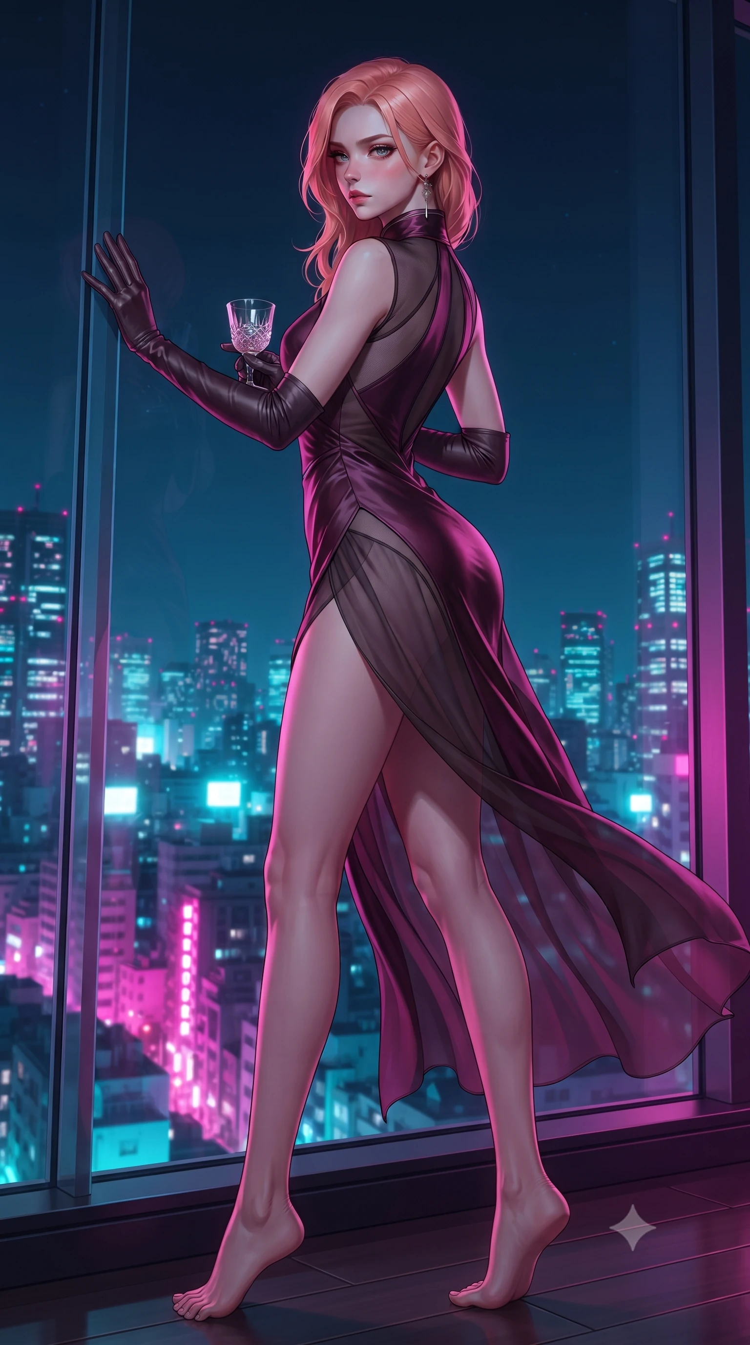 score_9, masterpiece, best quality, ultra-detailed, high-budget anime keyframe, editorial fashion photography, tasteful artistic composition, Japanese woman. low angle full-body shot from head to toe showing her feet, filling the entire 9:16 vertical frame with her statuesque presence, stretching her vertical silhouette. posing with back turned slightly to the lens, glancing back with smoldering allure as she arches her lower back to emphasize her sculpted feminine hips and slender waist while twisting her slender torso in an alluring contrapposto stance, one hand pressed against the glass as city neon washes over her curves with bedroom-eyes. The surrounding environment is rendered in vivid detail and crisp panoramic clarity. detailed fabric sheen, neon reflection clarity, and endless Tokyo metropolis panorama in high resolution. She has an exceptionally tall and slender model-like 8.5-heads proportion, an ultra-slim waist, a flat toned midriff, narrow delicate ribcage, and beautifully sculpted feminine hips creating a graceful, slim hourglass silhouette without any bulky heaviness, with impossibly long slender legs. sharp v-shaped jawline, high-bridge nose, intricate jewel-like eyes with depth, thick eyelashes, glossy parted lips with a natural sheen, intensely captivating and seductive bedroom-eyes expression, flawlessly proportioned anatomical accuracy, strict slender model proportions, natural body alignment, perfectly sculpted long slender limbs, ultra-slim waistline, clean dynamic posture without body distortion. wearing a wet-look silk fusion wrap dress with asymmetrical sheer mesh cutouts and high Mandarin collar in deep wine burgundy and brushed dark platinum, woven from layered gossamer chiffon with a weightless sweeping drape, accessorized with opera-length satin gloves and a vintage crystal glass, the glove-like aerodynamic silhouette tightly following the natural contour of her hips and long slender legs with statuesque 8.5-heads elegance. bathed in vibrant magenta and electric cyan neon underlights contrasting with cool night sky ambient fill. ultra-reflective glossy finish, specular highlights, rich textural contrasts, high-contrast stereoscopic depth, volumetric dynamic lighting, 2k, ultra detail, master piece, 9:16 ratio