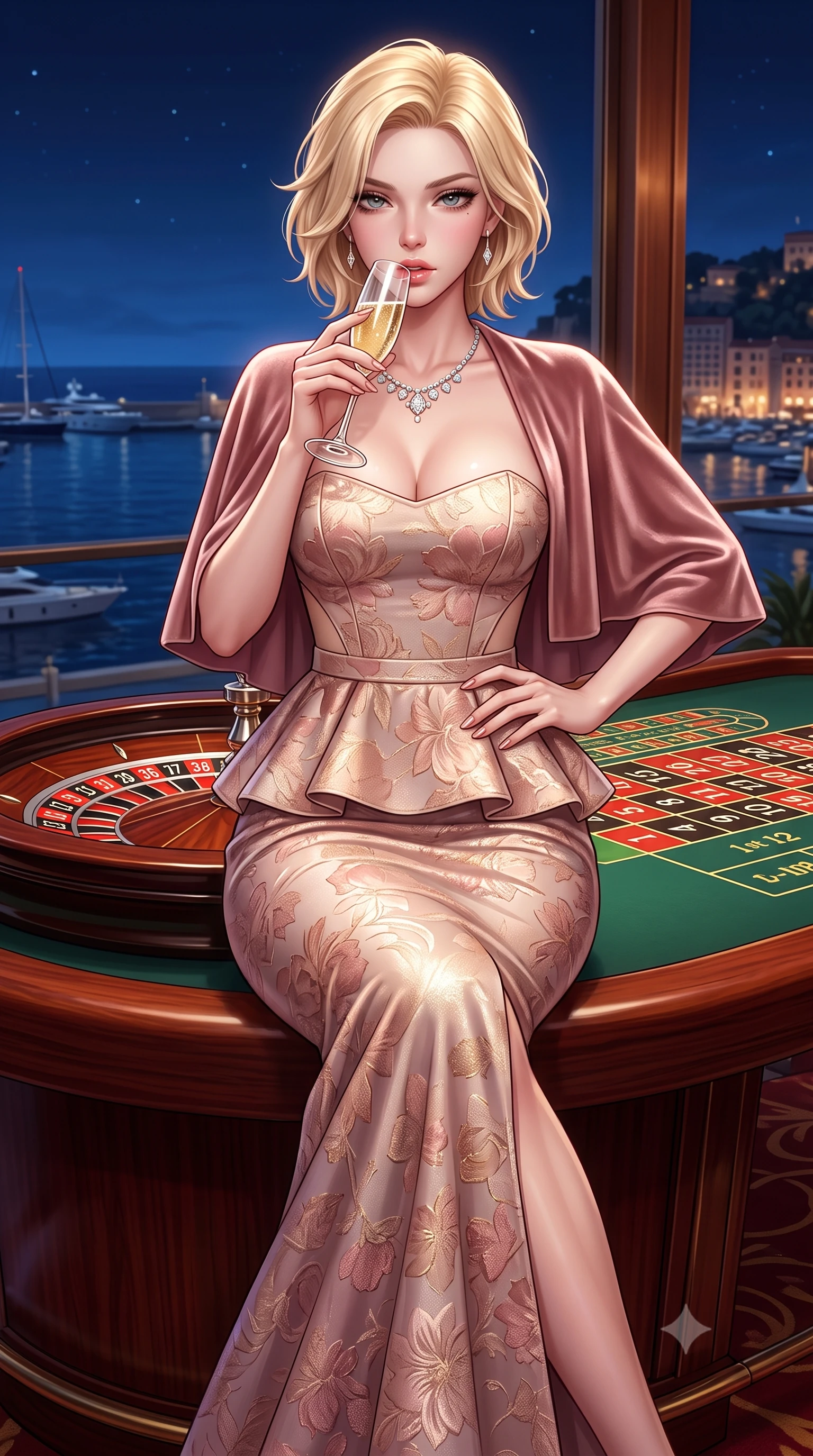score_9, masterpiece, best quality, ultra-detailed, high-budget anime keyframe, semi-realistic 3D game render, editorial fashion photography, tasteful artistic composition, Caucasian woman. close-up cowboy shot from the waist and thighs up, the character dominates the composition, filling the frame with her large presence. resting one manicured hand delicately on her hip bone, her upper body turning in a fluid, seductive S-curve while parted lips glisten in the light while perching on the rim of a luxury mahogany roulette table with legs crossed, arching her lower back while holding a crystal champagne flute to her lips. The surrounding environment is rendered in vivid detail and crisp panoramic clarity. detailed sequin dress reflections, diamond necklace fire, and Mediterranean night harbor in high clarity. She has an exceptionally elegant, slender, and willowy female figure with an ultra-slim waist, a gracefully sculpted slender torso, toned flat midriff, and rounded feminine hips creating an alluring hourglass silhouette. sharp v-shaped jawline, high-bridge nose, intricate jewel-like eyes with depth, thick eyelashes, glossy parted lips with a natural sheen, intensely captivating and seductive bedroom-eyes expression, flawlessly proportioned anatomical accuracy, strict slender model proportions, natural body alignment, perfectly sculpted long slender limbs, ultra-slim waistline, clean dynamic posture without body distortion. wearing a structural geometric peplum gown with sheer side-ribbon cutouts and form-fitting skirt in dusky blush rose and champagne shimmer, made of rich textured floral silk jacquard with subtle gold thread, complemented by a plush silk velvet capelet draped loosely over her shoulders, the second-skin form-contouring cut accentuating her sculpted flat midriff, narrow waistline, and dramatically curvy hips without adding bulk. surrounded by an elite, intoxicating, and irresistibly glamorous Monte Carlo heiress aura. highly saturated vibrant anime colors, detailed shading with soft gradients, rich glossy textures, high-contrast stereoscopic depth, volumetric dynamic lighting, master piece, 9:16 ratio