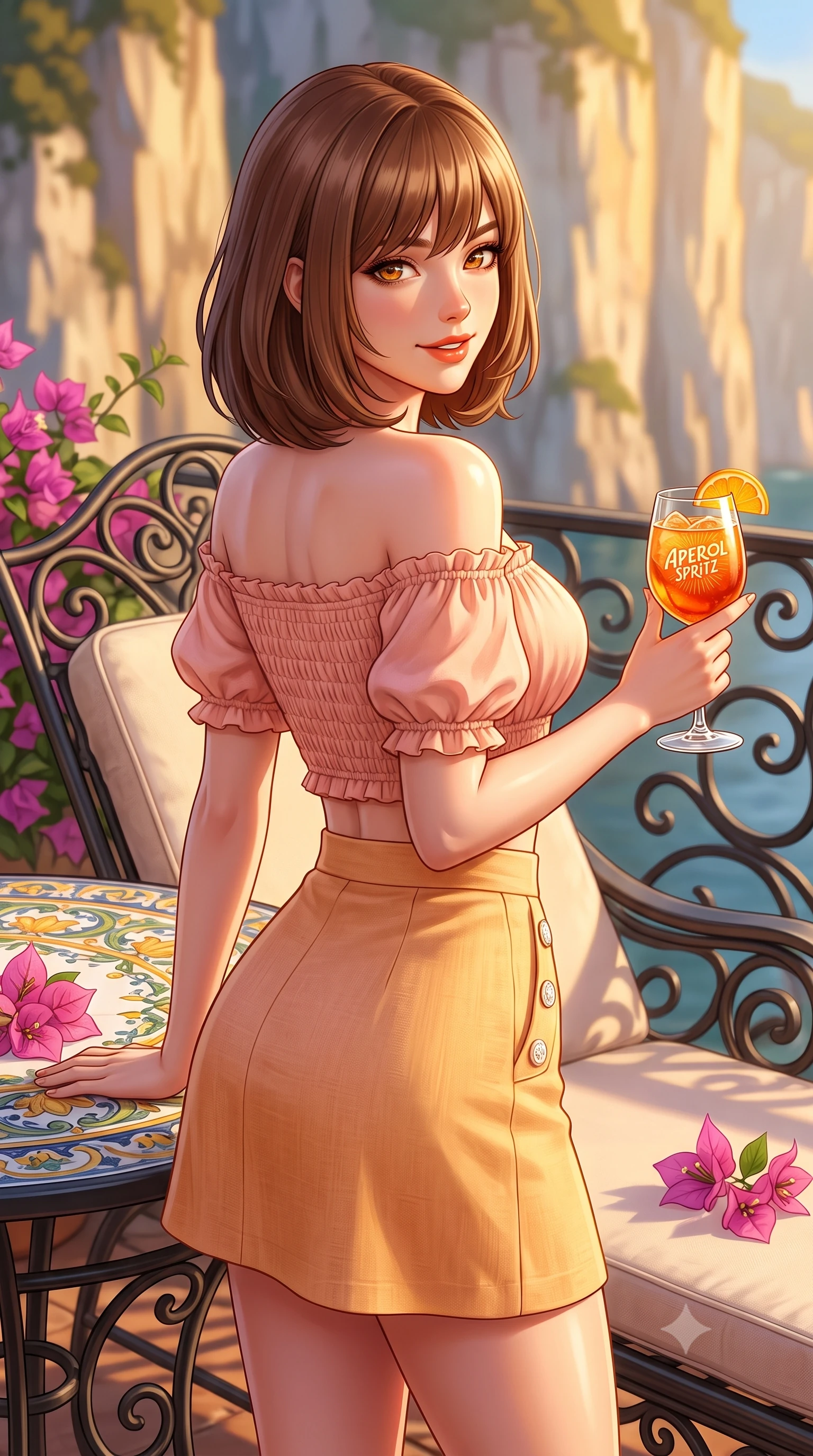 score_9, masterpiece, best quality, ultra-detailed, high-budget anime keyframe, semi-realistic 3D game render, editorial fashion photography, tasteful artistic composition, Caucasian woman. close-up cowboy shot from the waist and thighs up, the character dominates the composition, filling the frame with her large presence. posing in an alluring rear three-quarter angle, turning over a bare shoulder with an intoxicating sunlit gaze, her hips cocked back to highlight her slim hourglass curve while lounging on an outdoor wrought-iron chaise holding an Aperol spritz, her sun-drenched supermodel proportions commanding the vertical frame. The surrounding environment is rendered in vivid detail and crisp panoramic clarity. sharp hand-painted majolica ceramic table tiles, bougainvillea petal venation, and wrought-iron scrollwork in deep focus. She has an exceptionally elegant, slender, and willowy female figure with an ultra-slim waist, flat toned midriff, narrow ribcage, and sculpted feminine hips creating an alluring, slim hourglass silhouette without bulk. sharp v-shaped jawline, high-bridge nose, sparkling amber-hazel eyes with depth, long lush eyelashes, glossy sun-kissed lips with a warm coral glaze, radiant teasing smile with sensual sunlit bedroom-eyes, exuding effortless old-money elegance and intoxicating sun-drenched allure, flawlessly proportioned anatomical accuracy, strict slender model proportions, natural body alignment, perfectly sculpted long slender limbs, ultra-slim waistline, clean dynamic posture without body distortion. wearing a chic off-shoulder smocked crop blouse paired with a tight high-waisted linen A-line mini skirt emphasizing her curvy hips in soft peach blossom pink and warm apricot gold, tailored from airy semi-sheer chiffon that flutters gently in the evening breeze, accented with neat front carved mother-of-pearl buttons, the glove-like silhouette tightly following the natural contour of her hips and long slender legs with youthful 8.5-heads elegance. bathed in luminous golden hour sunlight reflecting off the vertical cliff walls. highly saturated vibrant anime colors, detailed shading with soft gradients, rich glossy textures, high-contrast stereoscopic depth, volumetric dynamic lighting, master piece, 9:16 ratio