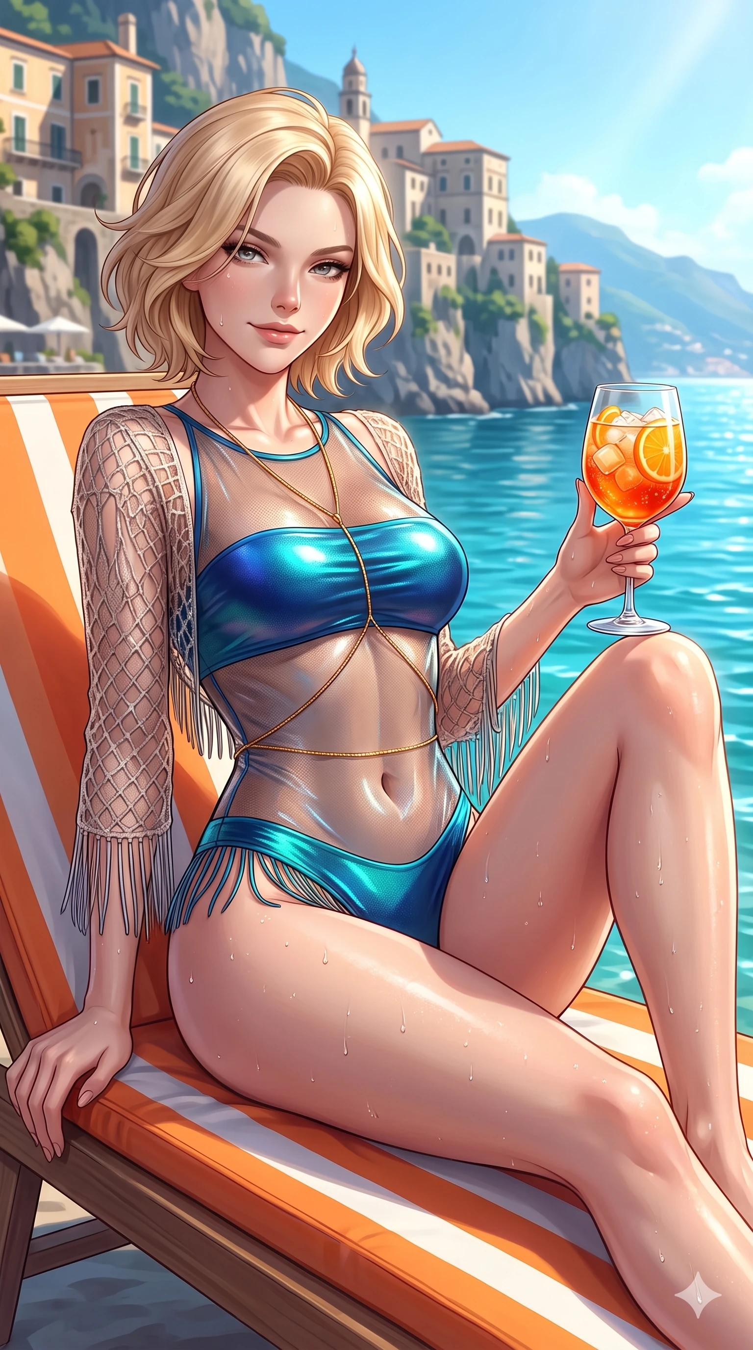 score_9, masterpiece, best quality, ultra-detailed, high-budget anime keyframe, semi-realistic 3D game render, editorial fashion photography, tasteful artistic composition, Caucasian woman. close-up cowboy shot from the waist and thighs up, the character dominates the composition, filling the frame with her large presence. perched sideways on the lounge seat, one knee drawn up to showcase her slender leg line while her arched back accentuates her feminine hip curve while reclining on an orange-and-white striped sun lounger propped on one elbow, holding an Aperol spritz with sovereign high-society charm and bedroom-eyes. The surrounding environment is rendered in vivid detail and crisp panoramic clarity: detailed wet-look crochet coverup weave, dewy water beads on skin, and historic Amalfi architecture in razor-sharp precision. She has an exceptionally elegant, slender, and willowy female figure with an ultra-slim waist, flat toned midriff, narrow ribcage, and sculpted feminine hips creating an alluring, slim hourglass silhouette without bulk. sharp v-shaped jawline, high-bridge nose, sparkling eyes with hypnotic seductive depth, thick curled eyelashes, glossy parted lips with a natural dewy peach sheen, alluring bedroom-eyes with an enchanting coquettish smile, exuding magnetic siren charisma and sophisticated glamour, flawlessly proportioned anatomical accuracy, strict slender model proportions, natural body alignment, perfectly sculpted long slender limbs, ultra-slim waistline, clean dynamic posture without body distortion. wearing a provocative sheer illusion mesh resort bodysuit with fringe trim layered over an opaque bandeau and briefs in deep Capri grotto sapphire and glowing electric teal, crafted from luxurious metallic lamé that shifts radiance with every step, accented with a gold body chain harness subtly framing her dewy collarbones and spine, the form-contouring cut accentuating her sculpted flat midriff, narrow delicate ribcage, and gracefully curvy hips with intoxicating allure. bathed in brilliant Mediterranean late afternoon sunshine reflecting off the vertical cliff face and turquoise sea. highly saturated vibrant anime colors, detailed shading with soft gradients, rich glossy textures, high-contrast stereoscopic depth, volumetric dynamic lighting, master piece, 9:16 ratio