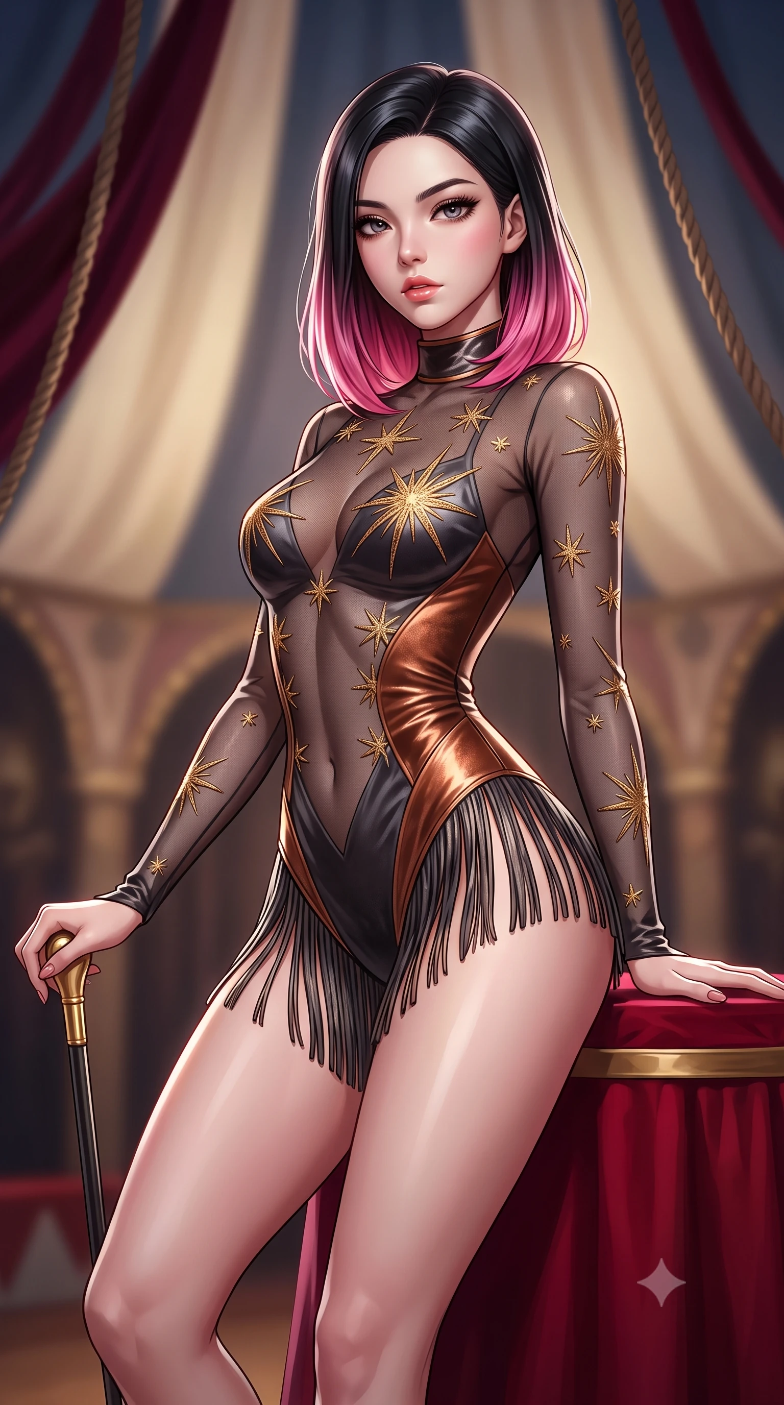 score_9, masterpiece, best quality, ultra-detailed, high-budget anime keyframe, semi-realistic 3D game render, editorial fashion photography, tasteful artistic composition, Korean woman. close-up cowboy shot from the waist and thighs up, the character dominates the composition, filling the frame with her large presence. leaning back with relaxed seductive grace, her sculpted collarbones and narrow waist highlighted as she casts smoldering bedroom-eyes directly into the camera while leaning against a crimson circus ringmaster podium with hips cocked back, holding a gold-tipped cane while locking smoldering eyes with the lens. The composition keeps background elements in soft focus with creamy bokeh. looming circus tent canvas arches and velvet rigging ropes softened in theatrical shallow focus. She has an exceptionally elegant, slender, and willowy female figure with an ultra-slim waist, a gracefully sculpted slender torso, toned flat midriff, and rounded feminine hips creating an alluring hourglass silhouette. sharp v-shaped jawline, high-bridge nose, intricate jewel-like eyes with depth, thick eyelashes, glossy parted lips with a natural sheen, intensely captivating and seductive bedroom-eyes expression, flawlessly proportioned anatomical accuracy, strict slender model proportions, natural body alignment, perfectly sculpted long slender limbs, ultra-slim waistline, clean dynamic posture without body distortion. wearing a sheer vintage mesh acrobat leotard adorned with gold starburst embroidery over opaque silk in dark smoky charcoal and metallic copper, crafted from heavyweight crushed silk velvet with liquid luster, finished with tiered silk fringe tassels that flutter with every hip movement, the glove-like aerodynamic silhouette tightly following the natural contour of her hips and long slender legs with statuesque precision. illuminated by crisp directional rim lighting sharply carving her razor-sharp jawline, narrow waist, and curvy hips. highly saturated vibrant anime colors, detailed shading with soft gradients, rich glossy textures, high-contrast stereoscopic depth, volumetric dynamic lighting, master piece, 9:16 ratio