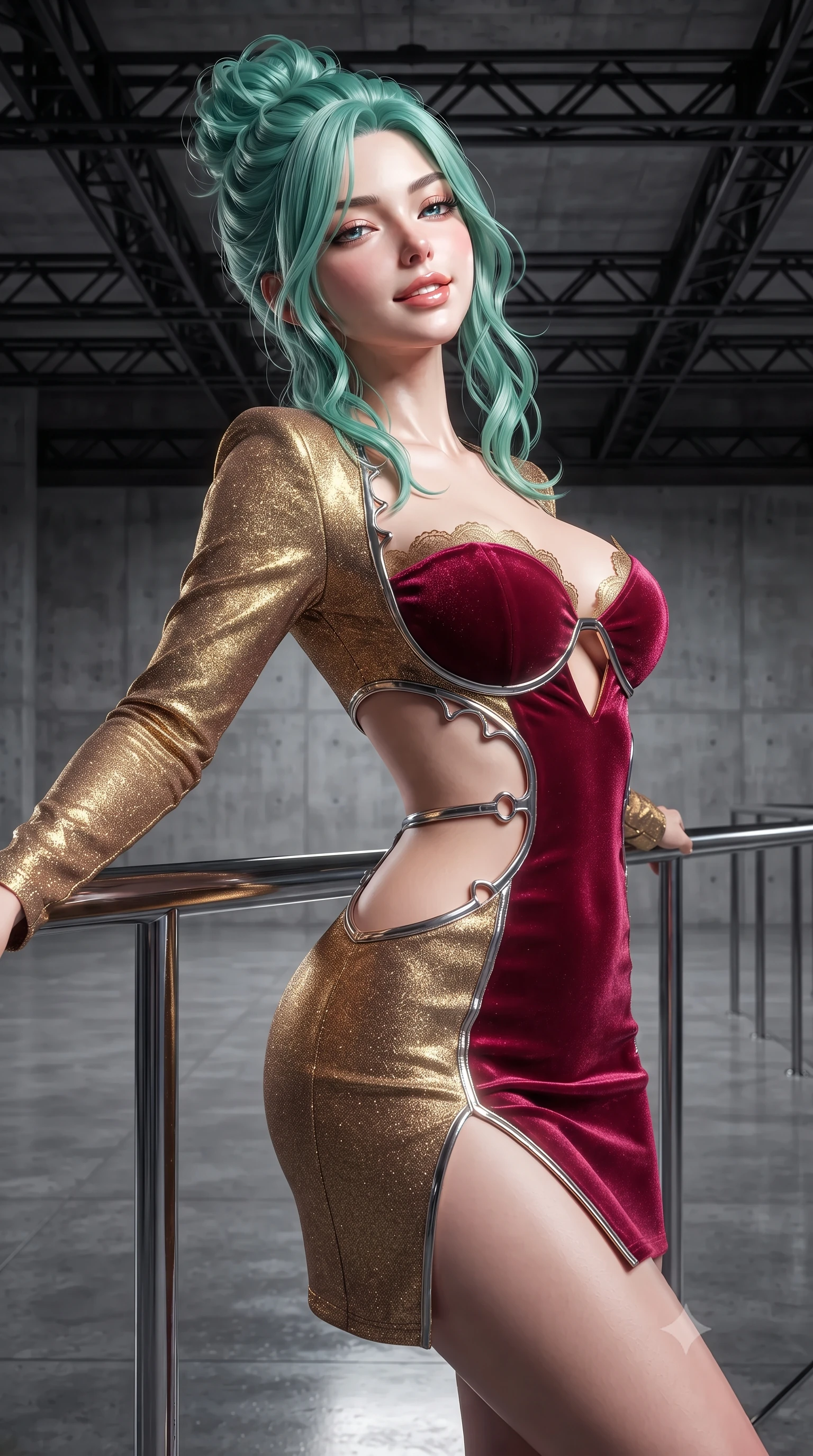 score_9, masterpiece, best quality, ultra-detailed, high-budget anime keyframe, editorial fashion photography, tasteful artistic composition, Japanese woman. close-up cowboy shot from the waist and thighs up, the character dominates the composition, filling the frame with her large presence. leaning back against the balustrade with relaxed seductive grace, head tilted back slightly while casting a hypnotic, heavy-lidded gaze while standing poised at the center of the mirror-finished concrete runway beneath exposed black steel trusses, arching her spine with commanding haute-couture charisma. The surrounding environment is rendered in vivid detail and crisp panoramic clarity: detailed garment construction, tactile fabric weave, and contemporary brutalist industrial space in high resolution. She has an exceptionally elegant, slender, and willowy female figure with an ultra-slim waist, flat toned midriff, narrow ribcage, and sculpted feminine hips creating an alluring, slim hourglass silhouette without bulk. sharp v-shaped jawline, high-bridge nose, intricate jewel-like sparkling eyes with depth, thick eyelashes, glossy parted lips with a natural peach sheen, bright cheerful beaming smile with an enchanting and coquettish sensual glint, exuding both youthful cute charm and seductive allure, flawlessly proportioned anatomical accuracy, strict slender model proportions, natural body alignment, perfectly sculpted long slender limbs, ultra-slim waistline, clean dynamic posture without body distortion. wearing a provocative open-waist cutout mini dress framed by polished chrome hardware and thigh-high slit in Cyber-Baroque gilded gold and royal crimson velvet, woven from stretch metallic lurex jersey casting radiant starlight glints across her curves, finished with scalloped eyelash lace trim framing her sweetheart neckline with intimate elegance, the liquid-tight tailored fabric clinging flawlessly to her narrow waist and rounded feminine hips, emphasizing every millimeter of her sculpted slim hourglass curves without any bulky heaviness. illuminated by epoxy floor reflection bounce and sharp platinum rim lights sculpting her jawline, narrow waist, and curvy hips. ultra-reflective glossy finish, specular highlights, rich textural contrasts, high-contrast stereoscopic depth, volumetric dynamic lighting, 2k, ultra detail, master piece, 9:16 ratio
