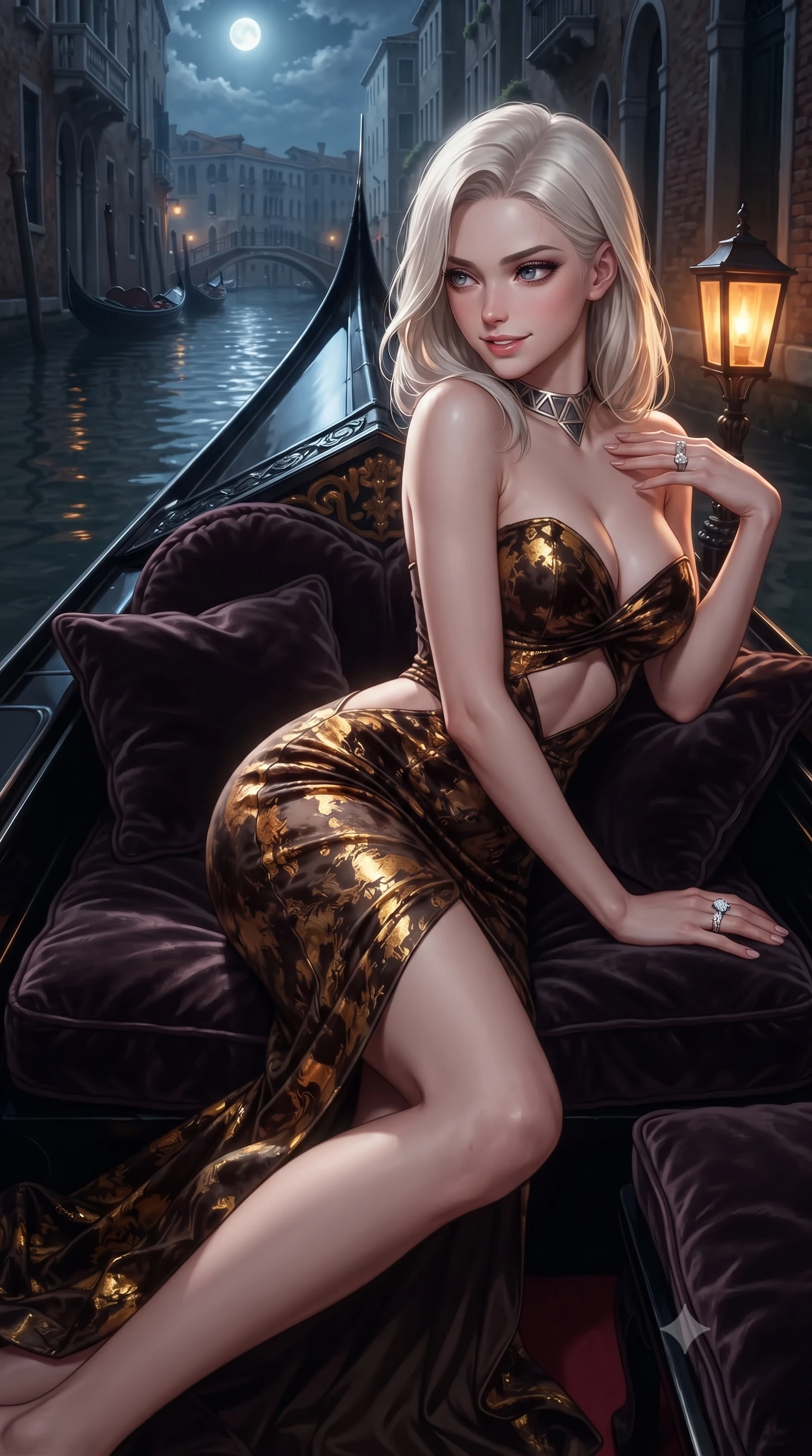 score_9, masterpiece, best quality, ultra-detailed, high-budget anime keyframe, editorial fashion photography, tasteful artistic composition, Caucasian woman. close-up cowboy shot from the waist and thighs up, the character dominates the composition, filling the frame with her large presence. turning over a bare shoulder with an intoxicating, teasing smile, her soft hair framing her sharp jawline as her hips angle gracefully while reclining on her side across the velvet cushions of a sleek black gondola, arching her lower back with one slender leg extended as moonlit canal ripples mirror her curvy hips. The surrounding environment is rendered in vivid detail and crisp panoramic clarity. rich high-contrast Venetian nocturnal chiaroscuro and decadent masquerade romance aesthetics in precision. She has an exceptionally elegant, slender, and willowy female figure with an ultra-slim waist, flat toned midriff, narrow ribcage, and sculpted feminine hips creating an alluring, slim hourglass silhouette without bulk. sharp v-shaped jawline, high-bridge nose, intricate jewel-like eyes with depth, thick eyelashes, glossy parted lips with a natural sheen, intensely captivating and seductive bedroom-eyes expression, flawlessly proportioned anatomical accuracy, strict slender model proportions, natural body alignment, perfectly sculpted long slender limbs, ultra-slim waistline, clean dynamic posture without body distortion. wearing a deep sweetheart neckline crushed velvet corseted ballgown with an exposed midriff cutout in dark espresso brown and molten gold foil, tailored from liquid silk jersey adhering flawlessly to her slender build, complemented by a bold geometric choker and sparkling cocktail ring, the form-contouring material adhering flawlessly to her sculpted flat midriff and slender torso, emphasizing her long leg lines and perfectly proportioned willowy build. bathed in cool silver full-moon light streaming from above and warm amber gondola lantern uplights. ultra-reflective glossy finish, specular highlights, rich textural contrasts, high-contrast stereoscopic depth, volumetric dynamic lighting, 2k, ultra detail, master piece, 9:16 ratio