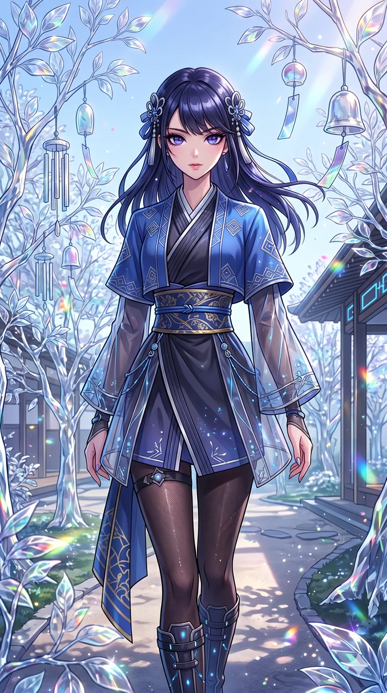 score_9, masterpiece, best quality, ultra-detailed, High-budget Anime Keyframe, beautiful Japanese anime girl. Upper body close-up from the thighs up, character filling the screen for maximum presence. Walking through a garden of glass trees that chime in the wind. She has an absolutely perfect 8-heads proportion, an exceptionally tall and slender female figure with impossibly long slender legs and an ultra-slim waist. Sharp v-shaped jawline, high-bridge nose, intricate jewel-like eyes with depth, thick eyelashes, glossy lips with a natural sheen. Wearing a Modern Traditional outfit: sapphire shortened cyber-hanbok, kimono-style wrap with wide obi, fusion silk robes with transparent panels. Background is a bright and colorful environment with cinematic lighting, dynamic particle effects, and high-contrast shadows. 2k, ultra detail, master piece, 9:16 ratio
