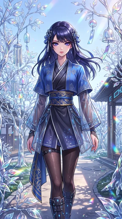 score_9, masterpiece, best quality, ultra-detailed, High-budget Anime Keyframe, beautiful Japanese anime girl. Upper body close-up from the thighs up, character filling the screen for maximum presence. Walking through a garden of glass trees that chi