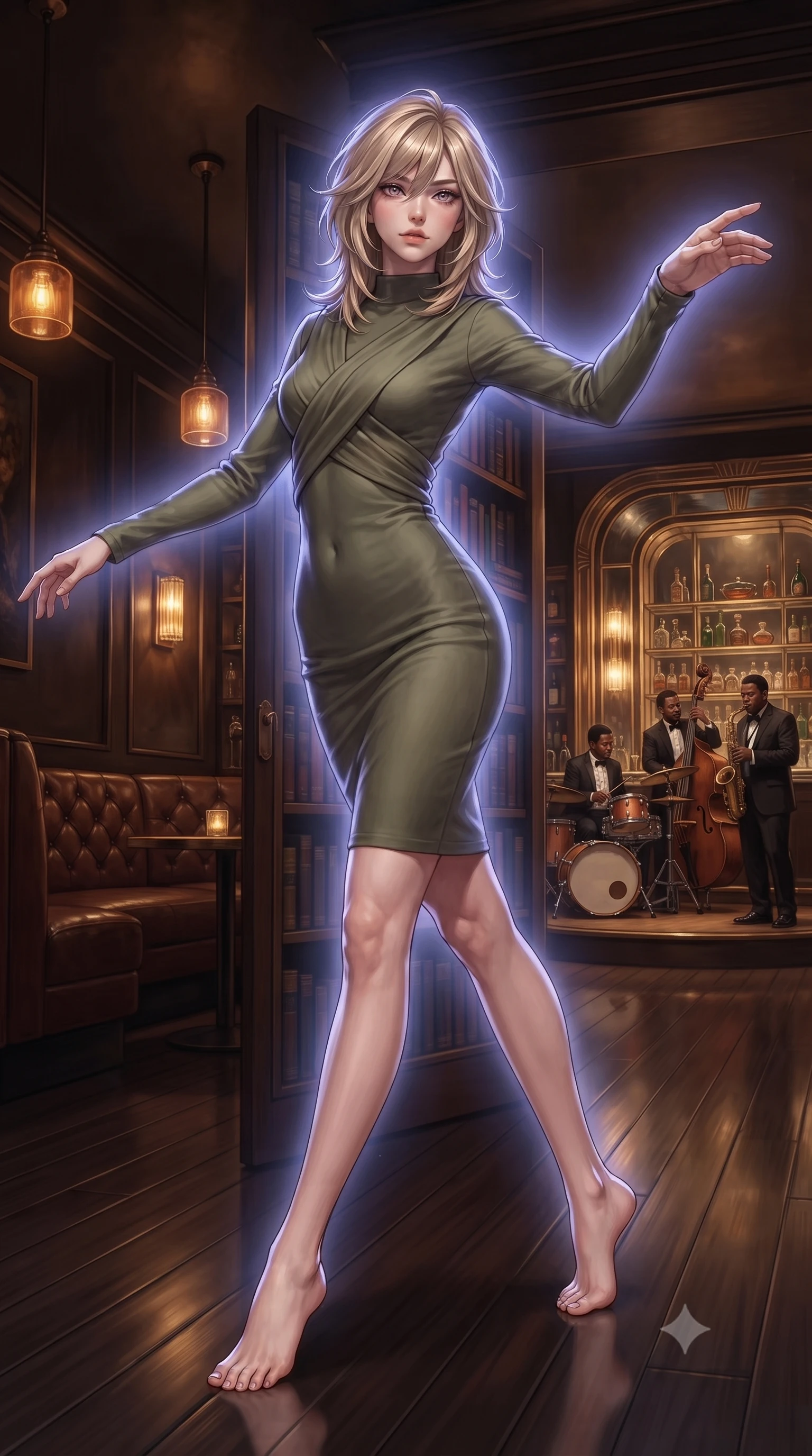score_9, masterpiece, best quality, ultra-detailed, high-budget anime keyframe, editorial fashion photography, tasteful artistic composition, Japanese woman. low angle full-body shot from head to toe showing her feet, filling the entire 9:16 vertical frame with her statuesque presence, stretching her vertical silhouette. dancing with weightless grace through a hidden underground bar accessed through a secret bookshelf door with dim amber pendant lights a live jazz trio in the corner deep leather booth seating and a gleaming art deco bar with mirrored back shelving. She has a statuesque 8.5-heads proportion, an exceptionally tall, slender and willowy model-like build with impossibly long legs and a highly sculpted ultra-slim waist. sharp v-shaped jawline, high-bridge nose, intricate jewel-like eyes with depth, thick eyelashes, glossy lips with a natural sheen. wearing a long-sleeve bodycon dress in olive green, featuring a sophisticated cross-draped bodice and mock neck. cool ethereal blue-violet bioluminescent glow wrapping around her from all sides. 2k, ultra detail, master piece, 9:16 ratio