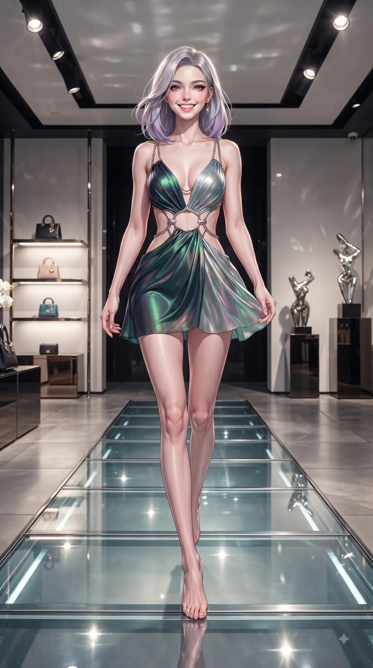 score_9, masterpiece, best quality, ultra-detailed, high-budget anime keyframe, editorial fashion photography, tasteful artistic composition, Caucasian woman. low angle full-body shot from head to toe showing her feet, filling the entire 9:16 vertical frame with her statuesque presence, stretching her vertical silhouette. leaping with pure youthful energy through mid-air with a radiant bright smile, her impossibly long slender legs stretched in balance while walking down an illuminated glass runway under sleek fashion spotlights, designer handbag displays and modern art sculptures framing the opulent interior. She has an absolutely perfect, statuesque 8.5-heads proportion, an exceptionally tall and slender model-like female figure with impossibly long slender legs and an ultra-slim waist. sharp v-shaped jawline, high-bridge nose, intricate jewel-like eyes with depth, thick eyelashes, glossy lips with a natural sheen, flawlessly proportioned anatomical accuracy, natural body alignment, perfectly sculpted elegant limbs, clean dynamic posture without body distortion. wearing a dramatic open-waist cutout mini dress framed by sculptural hardware in deep emerald green and silver accent, crafted from iridescent chiffon that shifts colors in the light, adorned with delicate metallic chain straps along the neckline, the glove-like fit emphasizing her statuesque silhouette during motion. surrounded by a sophisticated, high-fashion nightlife aura. ultra-reflective glossy finish, specular highlights, metallic sheen, high-contrast stereoscopic depth, volumetric dynamic lighting, 2k, ultra detail, master piece, 9:16 ratio