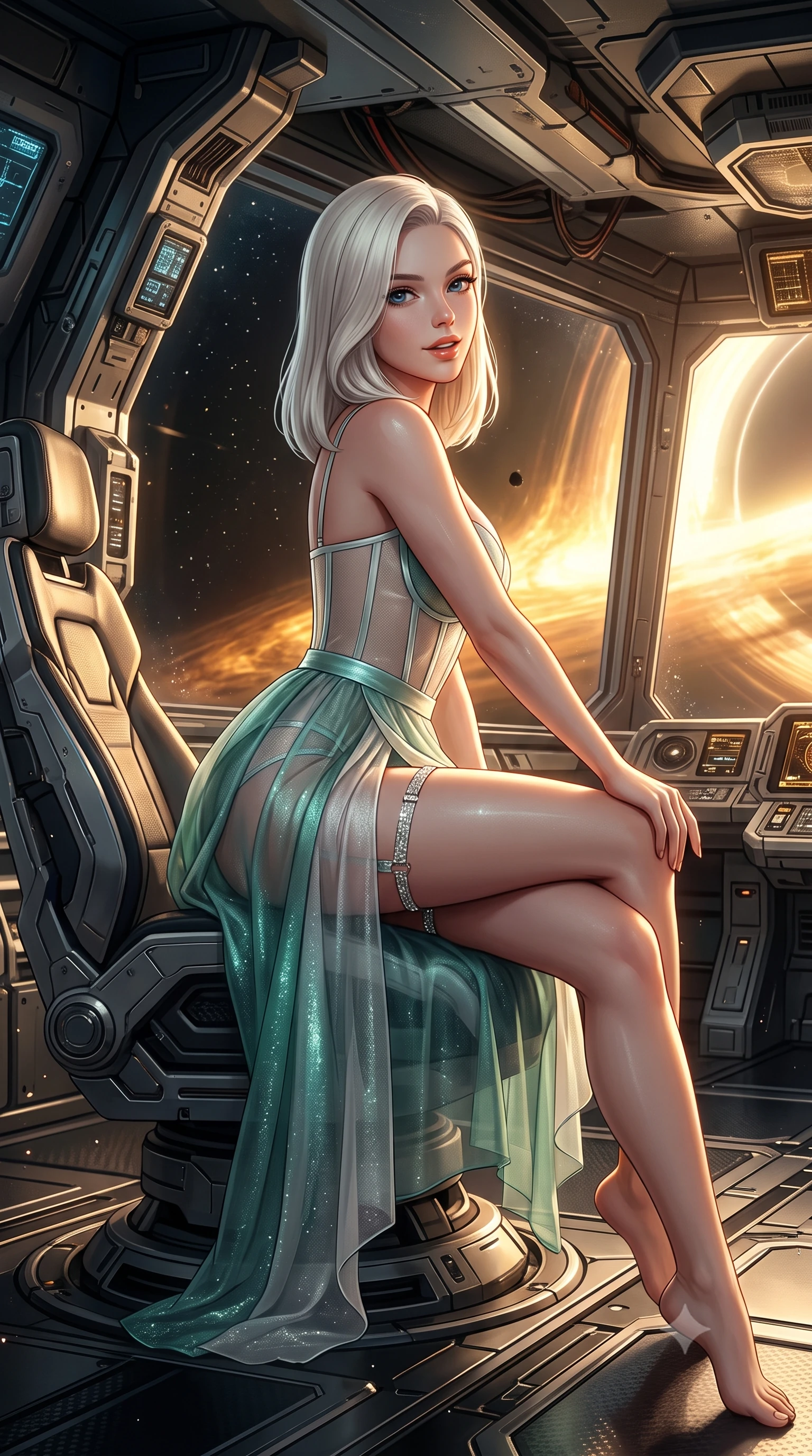 score_9, masterpiece, best quality, ultra-detailed, high-budget anime keyframe, editorial fashion photography, tasteful artistic composition, Caucasian woman. close-up cowboy shot from the waist and thighs up, the character dominates the composition, filling the frame with her large presence. perched sideways on the lounge seat, one knee drawn up to showcase her slender leg line while her arched back accentuates her feminine hip curve while sitting gracefully on the ergonomic captain chair with legs crossed, flashing an enchanting smile with parted glossy lips as light bends around her. The surrounding environment is rendered in vivid detail and crisp panoramic clarity: detailed garment tailoring, futuristic hardware accents, and monumental interstellar starship architecture in high resolution. She has an exceptionally elegant, slender, and willowy female figure with an ultra-slim waist, flat toned midriff, narrow ribcage, and sculpted feminine hips creating an alluring, slim hourglass silhouette without bulk. sharp v-shaped jawline, high-bridge nose, intricate jewel-like sparkling eyes with depth, thick eyelashes, glossy parted lips with a natural peach sheen, bright cheerful beaming smile with an enchanting and coquettish sensual glint, exuding both youthful cute charm and seductive allure, flawlessly proportioned anatomical accuracy, strict slender model proportions, natural body alignment, perfectly sculpted long slender limbs, ultra-slim waistline, clean dynamic posture without body distortion. wearing a provocative translucent mesh corset bodice with boned satin channels paired with a sheer chiffon wrap skirt in polar aurora jade and starlight platinum, tailored from high-density tech-wool with subtle metallic thread weave, finished with delicate crystal-encrusted thigh garter straps glinting in the dim light, the form-contouring silhouette accentuating her sculpted flat midriff, narrow delicate ribcage, and gracefully curvy hips with intoxicating allure. bathed in the blinding golden synchrotron radiation of the accretion disk contrasted with deep obsidian shadow gradients. ultra-reflective glossy finish, specular highlights, rich textural contrasts, high-contrast stereoscopic depth, volumetric dynamic lighting, 2k, ultra detail, master piece, 9:16 ratio