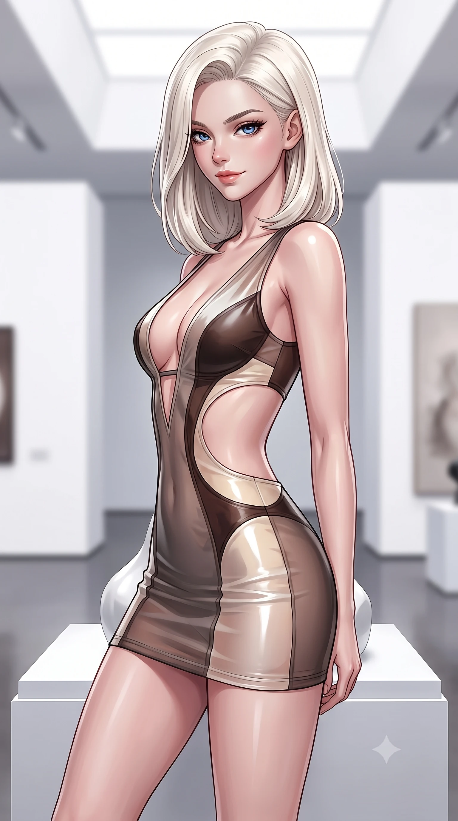 score_9, masterpiece, best quality, ultra-detailed, high-budget anime keyframe, editorial fashion photography, tasteful artistic composition, Caucasian woman. close-up cowboy shot from the waist and thighs up, the character dominates the composition, filling the frame with her large presence, background elements kept in soft focus. Glancing sidelong over her shoulder with a smoldering half-smile and heavy lashes poised atop a sleek white sculpture pedestal inside a high-fashion museum, ultra-clean white architectural lines creating a minimalist high-end frame. She has an exceptionally elegant, slender, and willowy female figure with an ultra-slim waist, a gracefully sculpted slender torso, and a refined silhouette. sharp v-shaped jawline, high-bridge nose, intricate jewel-like eyes with depth, thick eyelashes, glossy lips with a natural sheen. wearing a liquid mercury gloss mini dress with ultra-deep V-neck and waist cutouts in espresso brown and warm cream, woven from fine semi-opaque sheer organza, featuring clean architectural cutouts along her slender torso, the sleek second-skin texture accentuating her magnetic presence. surrounded by a sophisticated, high-fashion gallery illumination. highly saturated vibrant anime colors, detailed shading with soft gradients, rich glossy textures, high-contrast stereoscopic depth, volumetric dynamic lighting, master piece, 9:16 ratio
