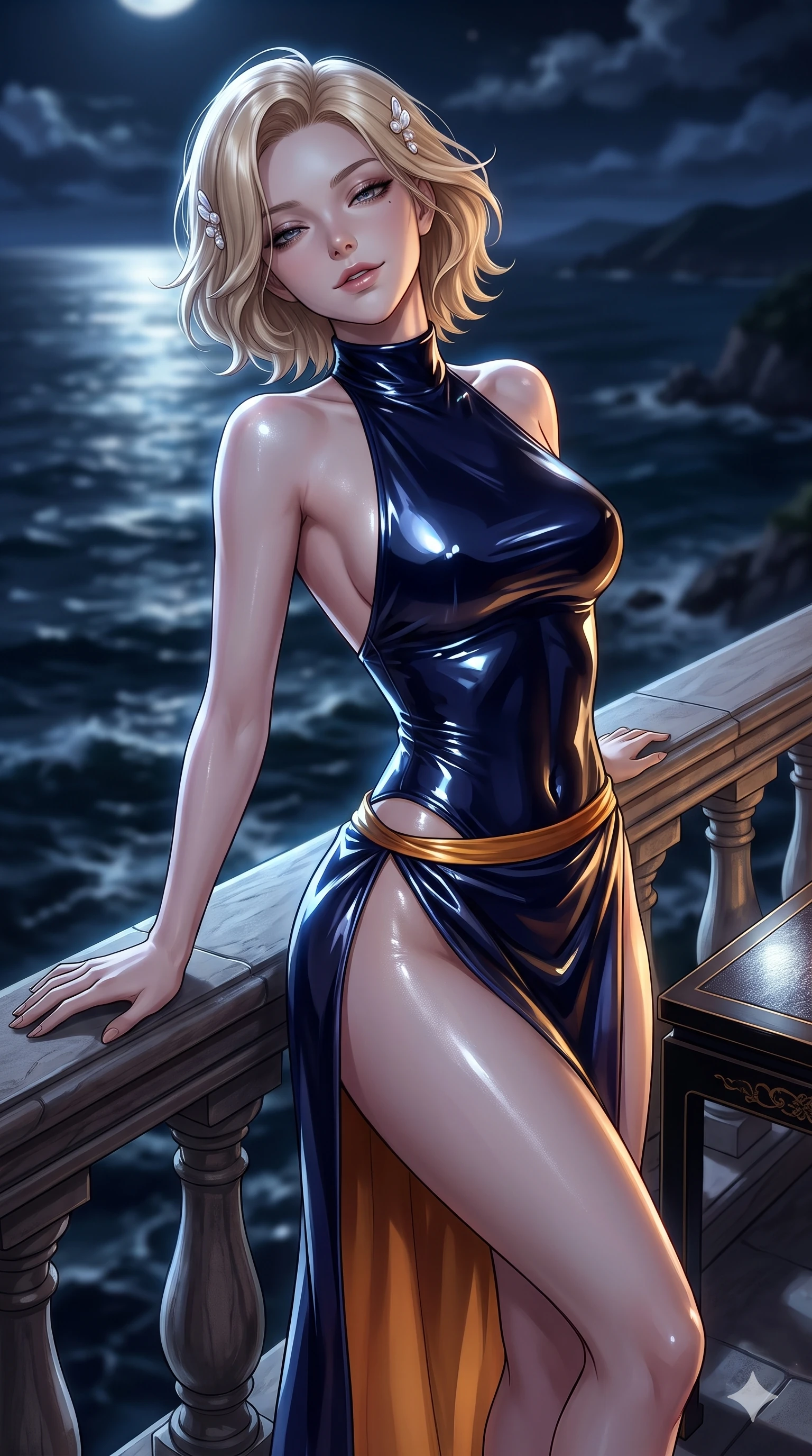 score_9, masterpiece, best quality, ultra-detailed, high-budget anime keyframe, editorial fashion photography, tasteful artistic composition, Caucasian woman. close-up cowboy shot from the waist and thighs up, the character dominates the composition, filling the frame with her large presence. leaning back against the balustrade with relaxed seductive grace, head tilted back slightly while casting a hypnotic, heavy-lidded gaze while twisting her slender torso in an alluring S-curve beside the low lacquer table, moonlight reflecting off her flat midriff and hourglass curves. The background shows a soft-focus churning ocean waters hundreds of feet below, distant coastal headlands, and night clouds blurred into sapphire, silver, and obsidian bokeh. She has an exceptionally elegant, slender, and willowy female figure with an ultra-slim waist, flat toned midriff, narrow ribcage, and sculpted feminine hips creating an alluring, slim hourglass silhouette without bulk. sharp v-shaped jawline, high-bridge nose, sparkling eyes with hypnotic seductive depth, thick curled eyelashes, glossy parted lips with a natural dewy peach sheen, alluring bedroom-eyes with an enchanting coquettish smile, exuding magnetic siren charisma and sophisticated glamour, flawlessly proportioned anatomical accuracy, strict slender model proportions, natural body alignment, perfectly sculpted long slender limbs, ultra-slim waistline, clean dynamic posture without body distortion. wearing a sleek high-neck backless silk halter leotard styled with a high-slit chima wrap skirt revealing her long slender legs in midnight indigo and glowing lantern topaz, crafted from wet-look high-gloss vinyl fabric with dazzling specular surface reflections, finished with delicate mother-of-pearl hairpin ornaments glinting in her dark glossy hair, the impeccably tailored cut draping gracefully along her slender figure with aristocratic eastern poise. bathed in high-intensity silver moonlight reflecting off open ocean waters. ultra-reflective glossy finish, specular highlights, rich textural contrasts, high-contrast stereoscopic depth, volumetric dynamic lighting, 2k, ultra detail, master piece, 9:16 ratio