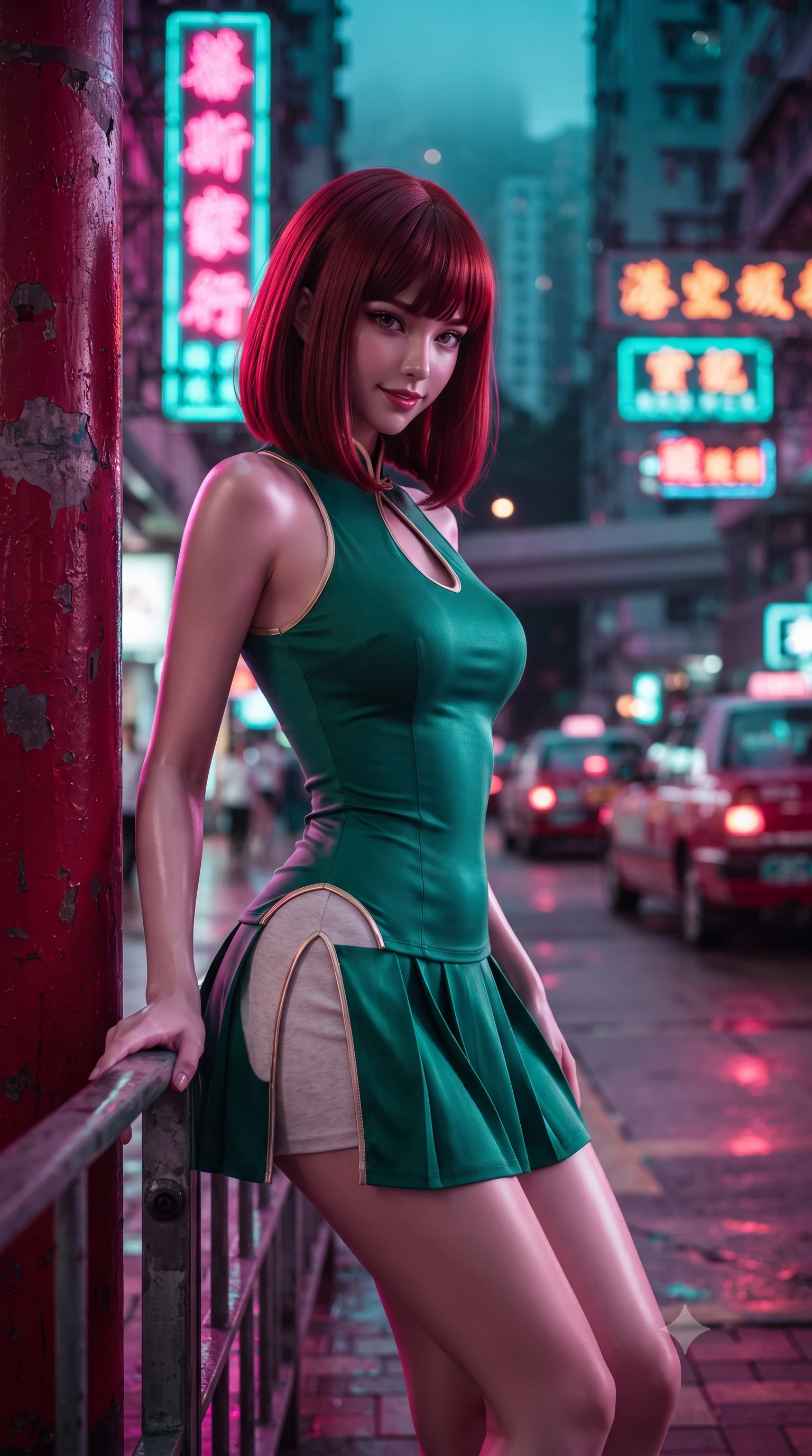 score_9, masterpiece, best quality, ultra-detailed, high-budget anime keyframe, editorial fashion photography, tasteful artistic composition, Caucasian woman. close-up cowboy shot from the waist and thighs up, the character dominates the composition, filling the frame with her large presence. leaning back against the red lacquer pillar with relaxed seductive grace, her flat midriff and narrow waist highlighted as warm lantern light traces her curves while leaning against a weathered steel railing with hips cocked back, looking over a bare shoulder with an alluring, dangerous half-smile into the neon fog. The background shows a soft-focus dizzying vertical kanji neon signs, passing elevated traffic, and mist-veiled Victoria Peak blurred into saturated magenta, cyan, and amber bokeh. She has an exceptionally elegant, slender, and willowy female figure with an ultra-slim waist, flat toned midriff, narrow ribcage, and sculpted feminine hips creating an alluring, slim hourglass silhouette without bulk. sharp v-shaped jawline, high-bridge nose, intricate jewel-like dark sparkling almond eyes with depth, thick lashes, glossy parted lips with a natural rose-plum sheen, bright alluring and coquettish smile with bedroom-eyes, exuding both timeless oriental elegance and sovereign high-fashion allure, flawlessly proportioned anatomical accuracy, strict slender model proportions, natural body alignment, perfectly sculpted long slender limbs, ultra-slim waistline, clean dynamic posture without body distortion. wearing a sleeveless modern qipao top with an elegant teardrop chest keyhole cutout paired with a curve-hugging pleated mini skirt in fresh bamboo emerald and soft oatmeal cream, made of supple second-skin stretch silk jersey clinging flawlessly to her form, finished with sharp laser-cut side hip slits framed by gold piping, the form-contouring cut accentuating her sculpted flat midriff, narrow delicate ribcage, and gracefully curvy hips with regal oriental supermodel elegance. bathed in intense, high-contrast neon magenta and electric turquoise underlights bouncing off wet surfaces. ultra-reflective glossy finish, specular highlights, rich textural contrasts, high-contrast stereoscopic depth, volumetric dynamic lighting, 2k, ultra detail, master piece, 9:16 ratio