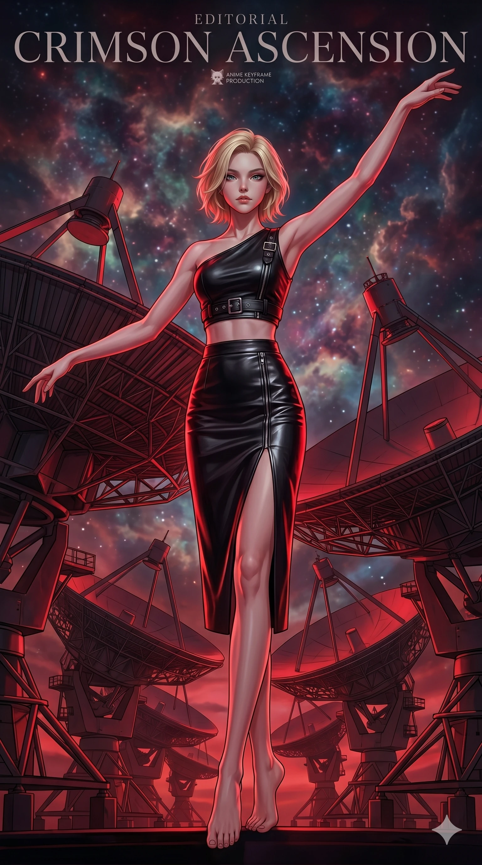 score_9, masterpiece, best quality, ultra-detailed, high-budget anime keyframe, editorial fashion photography, tasteful artistic composition, Caucasian woman, strictly human ears. low angle full-body shot from head to toe showing her feet, filling the entire 9:16 vertical frame with her statuesque presence, stretching her vertical silhouette. Balancing with elegant poise on tiptoe with arms extended amidst an array of giant satellite dishes pointing at a sky filled with nebula clouds. She has an absolutely perfect 8-heads proportion, an exceptionally tall and slender female figure with impossibly long slender legs and an ultra-slim waist. V-shaped jawline, high-bridge nose, intricate jewel-like eyes with depth, thick eyelashes, glossy lips with a natural sheen. wearing a one-shoulder black leather crop top with silver hardware, paired with a matching high-waist midi skirt with a high front slit. drenched in deep crimson theatrical lighting with sharp specular highlights on every curve. 2k, ultra detail, master piece, 9:16 ratio