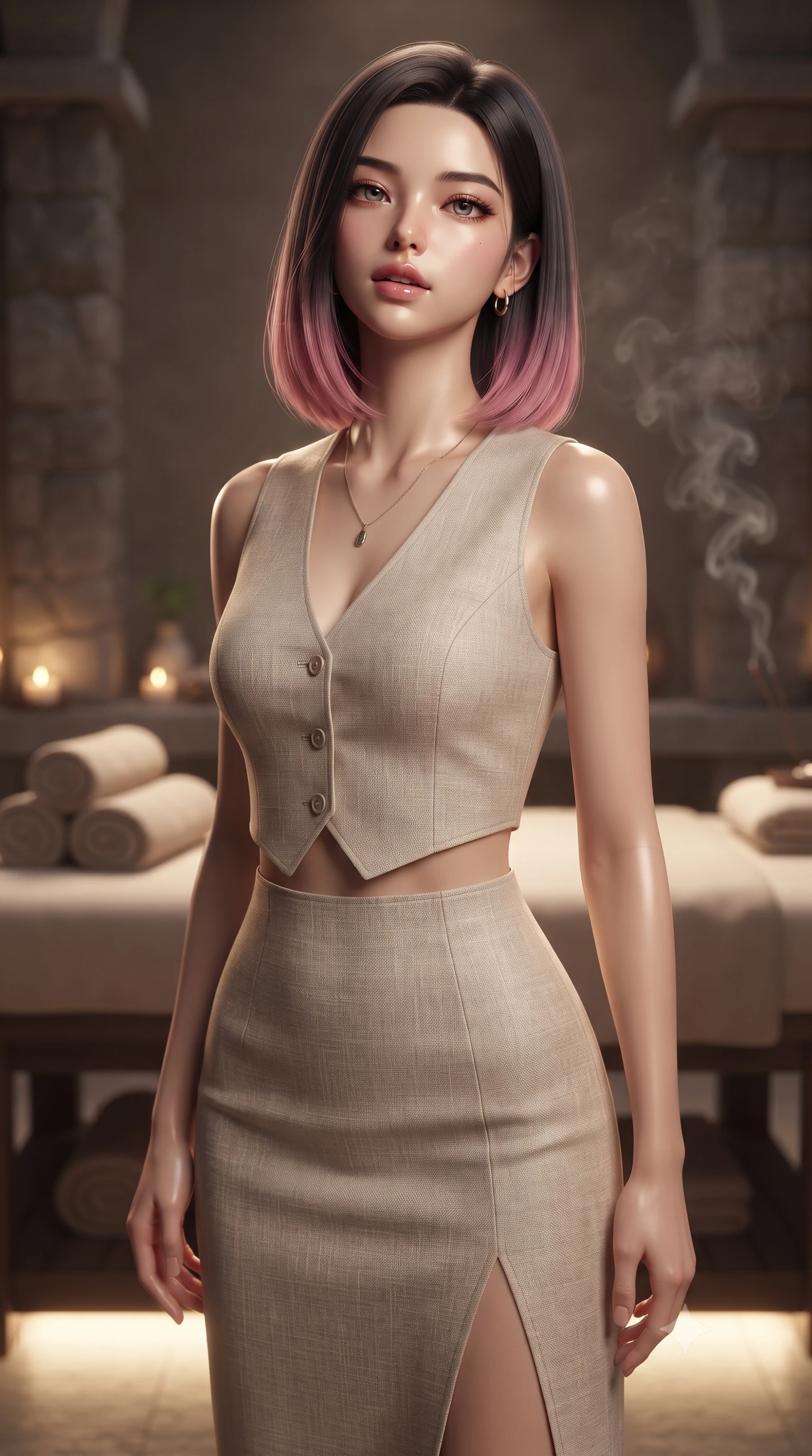 score_9, masterpiece, best quality, ultra-detailed, high-budget anime keyframe, editorial fashion photography, tasteful artistic composition, Korean woman woman. close-up cowboy shot from the waist and thighs up, the character dominates the composition, filling the frame with her large presence, background elements kept in soft focus. tilting her chin up slightly with lips parted in a composed, provocative expression the background shows a soft-focus a private spa suite with a massage table, stone pillars, and soft incense smoke rising. She has an exceptionally elegant, slender, and willowy female figure with an ultra-slim waist, a gracefully sculpted slender torso, and a refined silhouette. sharp v-shaped jawline, high-bridge nose, intricate jewel-like eyes with depth, thick eyelashes, glossy lips with a natural sheen. wearing a form-contouring tailored vacation outfit of a linen crop vest and a matching side-slit midi skirt, revealing a subtle waist cutout. low-contrast, soft warm ambient uplight casting a peaceful glow. ultra-reflective glossy finish, specular highlights, metallic sheen, high-contrast stereoscopic depth, volumetric dynamic lighting, 2k, ultra detail, master piece, 9:16 ratio