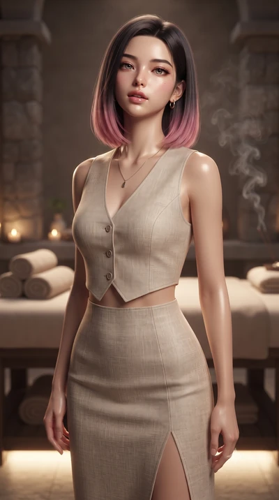 score_9, masterpiece, best quality, ultra-detailed, high-budget anime keyframe, editorial fashion photography, tasteful artistic composition, Korean woman woman. close-up cowboy shot from the waist and thighs up, the character dominates the compositi