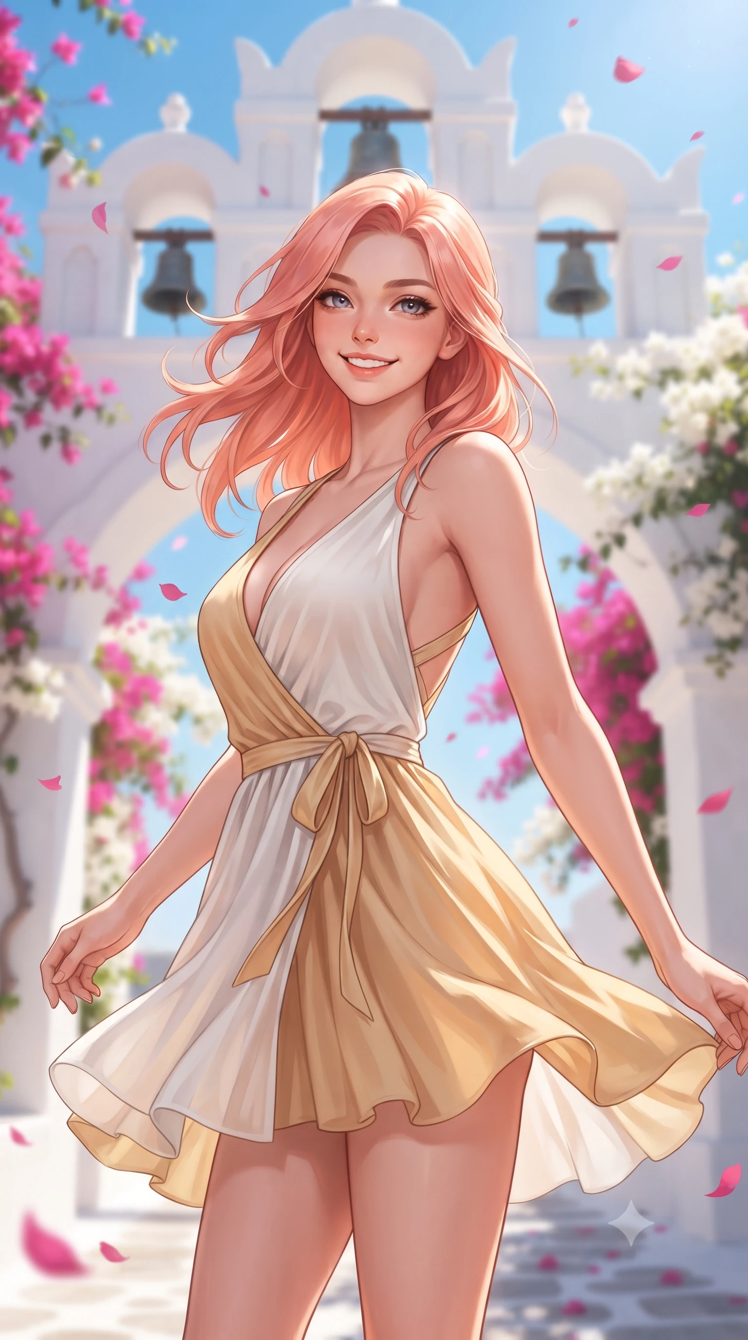 score_9, masterpiece, best quality, ultra-detailed, high-budget anime keyframe, editorial fashion photography, tasteful artistic composition, Japanese woman. close-up cowboy shot from the waist and thighs up, the character dominates the composition, filling the frame with her large presence. turning playfully with a bright confident smile, her glossy hair tossing in the breeze as her hips angle gracefully in a captivating contrapposto while standing beneath the ornate whitewashed triple bell tower arch, arching her back with a radiant, joyful smile as bougainvillea petals drift down. The composition keeps background elements in soft focus with dreamy creamy bokeh. whitewashed triple bell tower arches and cascading vibrant fuchsia bougainvillea blurred into hot pink, pure white, and sky-blue bokeh. She has an exceptionally elegant, slender, and willowy female figure with an ultra-slim waist, flat toned midriff, narrow ribcage, and sculpted feminine hips creating an alluring, slim hourglass silhouette without bulk. sharp v-shaped jawline, high-bridge nose, intricate jewel-like sparkling eyes with depth, thick eyelashes, glossy parted lips with a natural peach sheen, bright cheerful beaming smile with an enchanting and coquettish sensual glint, exuding both youthful cute charm and seductive allure, flawlessly proportioned anatomical accuracy, strict slender model proportions, natural body alignment, perfectly sculpted long slender limbs, ultra-slim waistline, clean dynamic posture without body distortion. wearing a breezy wrap mini dress with a deep V-neckline and tie-waist accentuating her sculpted flat midriff and hips in pure alabaster white and sun-kissed gold, tailored from fine lightweight chiffon that flutters gently in the breeze, finished with criss-cross back satin straps highlighting her graceful shoulder blades, the precision-cut side openings and low-back scoop framing her graceful spine and the sensual sweep of her slim, toned hips. illuminated by crisp directional highlights sharply defining her sculpted collarbones, ultra-slim waist, and curvy hips. ultra-reflective glossy finish, specular highlights, rich textural contrasts, high-contrast stereoscopic depth, volumetric dynamic lighting, 2k, ultra detail, master piece, 9:16 ratio