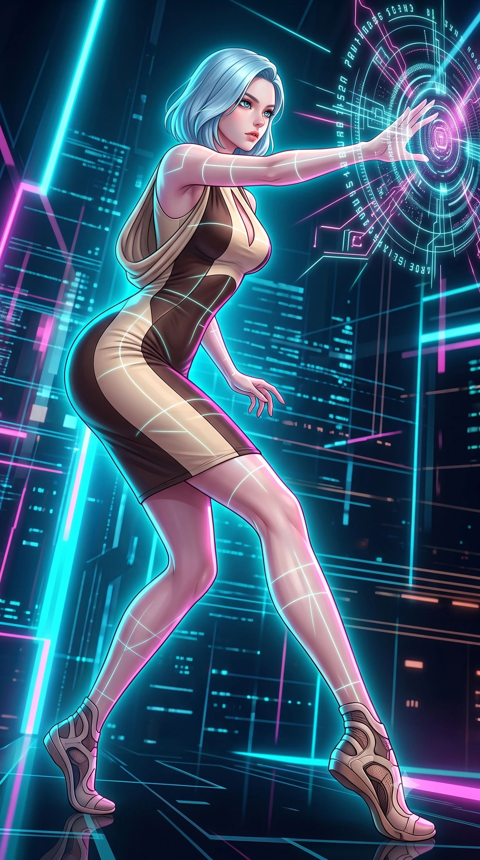 score_9, masterpiece, best quality, ultra-detailed, high-budget anime keyframe, editorial fashion photography, tasteful artistic composition, Korean woman. low angle full-body shot from head to toe showing her feet, filling the entire 9:16 vertical frame with her statuesque presence, stretching her vertical silhouette. forging dynamically through the scene with her long slender legs and ultra-slim waist creating a sweeping S-curve while reaching forward with an elegant arm stretch to intercept a pulsating data node, laser lines casting precise geometric grid highlights on her athletic form. She has an absolutely perfect, statuesque 8.5-heads proportion, an exceptionally tall and slender model-like female figure with impossibly long slender legs and an ultra-slim waist. sharp v-shaped jawline, high-bridge nose, intricate jewel-like eyes with depth, thick eyelashes, glossy lips with a natural sheen, flawlessly proportioned anatomical accuracy, natural body alignment, perfectly sculpted elegant limbs, clean dynamic posture without body distortion. wearing a precision-fitted liquid jersey bodycon dress with a graceful draped back in espresso brown and warm cream, formed from sleek second-skin neoprene, accented with a Tasteful chest slit framing her clavicle gracefully, the form-contouring material highlighting her ultra-slim waist and long lines. bathed in brilliant neon cyan and magenta rim light with clean white key light. highly saturated vibrant anime colors, detailed shading with soft gradients, rich glossy textures, high-contrast stereoscopic depth, volumetric dynamic lighting, master piece, 9:16 ratio